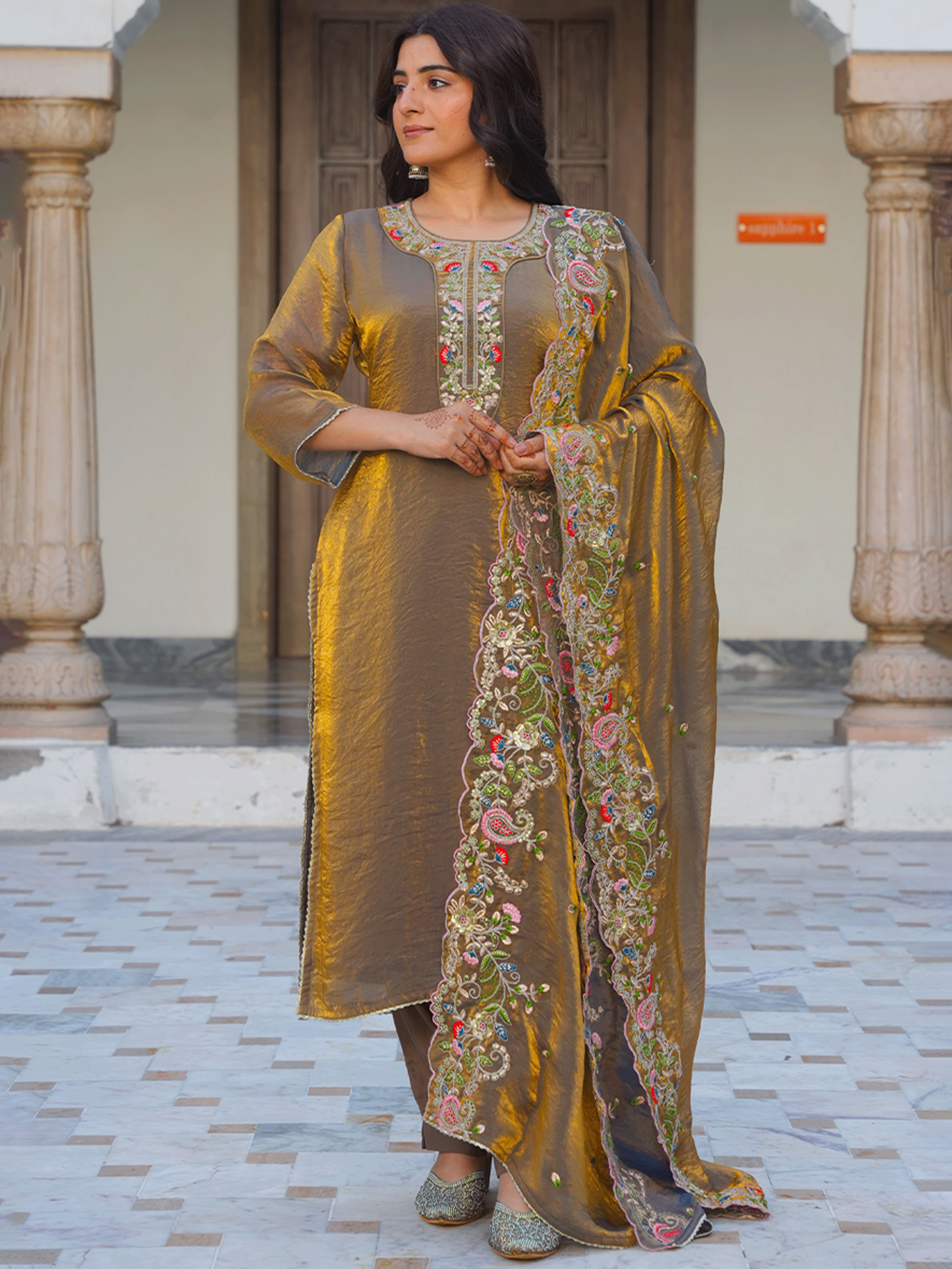 Embroidered Organza Solid Gold Straight Kurta