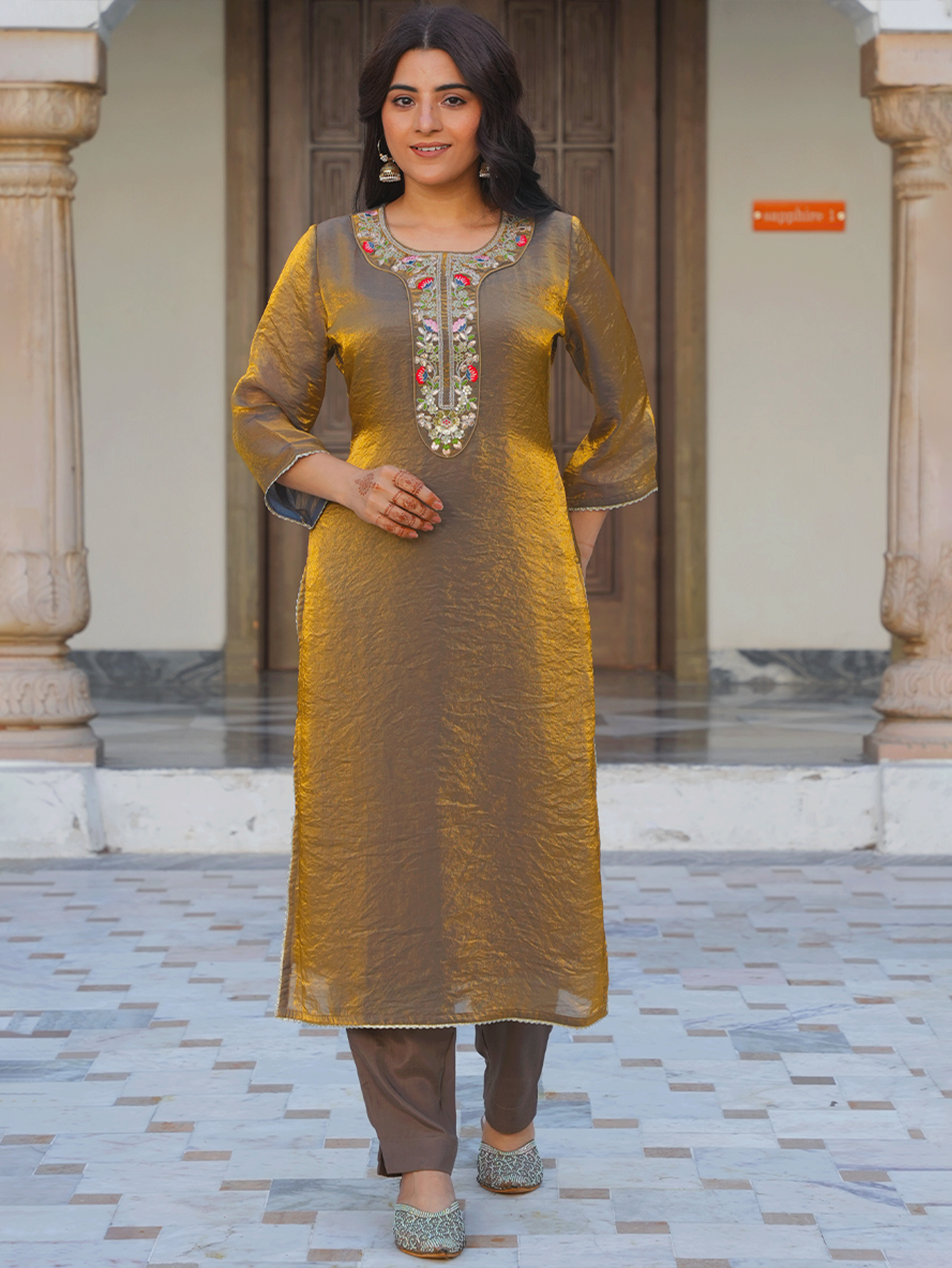 Embroidered Organza Solid Gold Straight Kurta