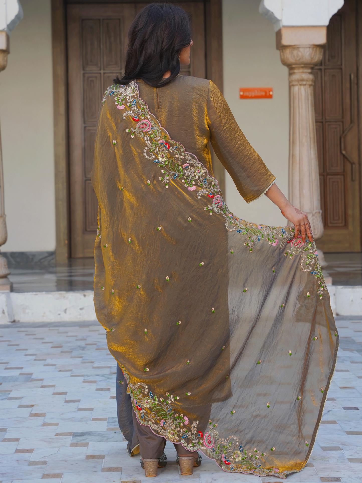 Embroidered Organza Solid Gold Straight Kurta