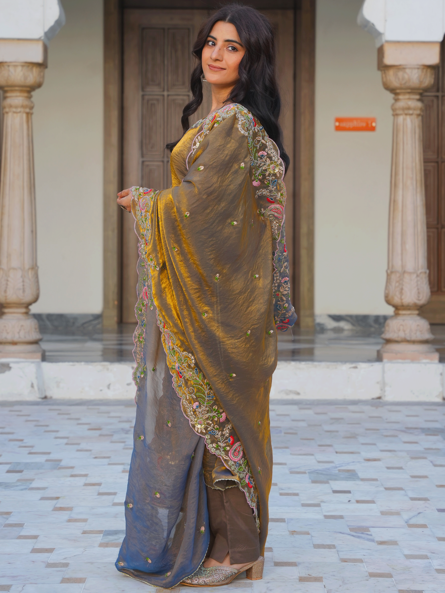 Embroidered Organza Solid Gold Straight Kurta