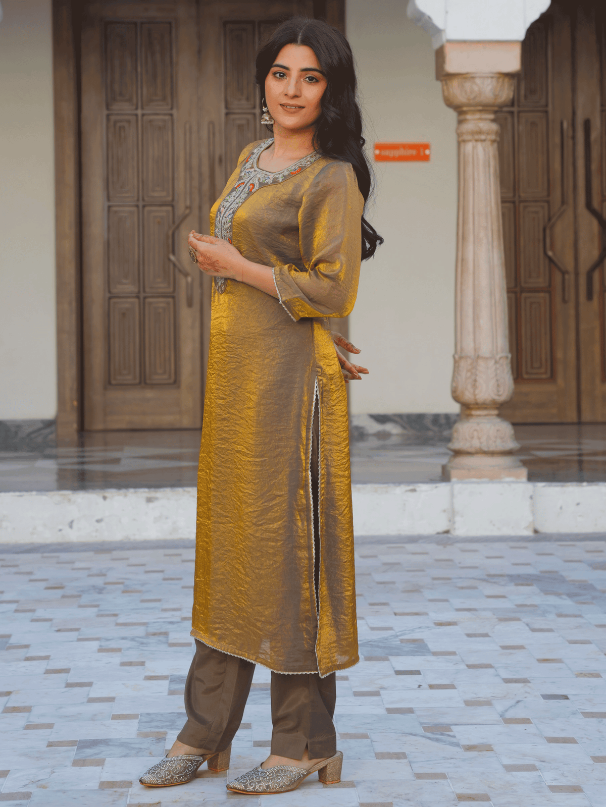 Embroidered Organza Solid Gold Kurta