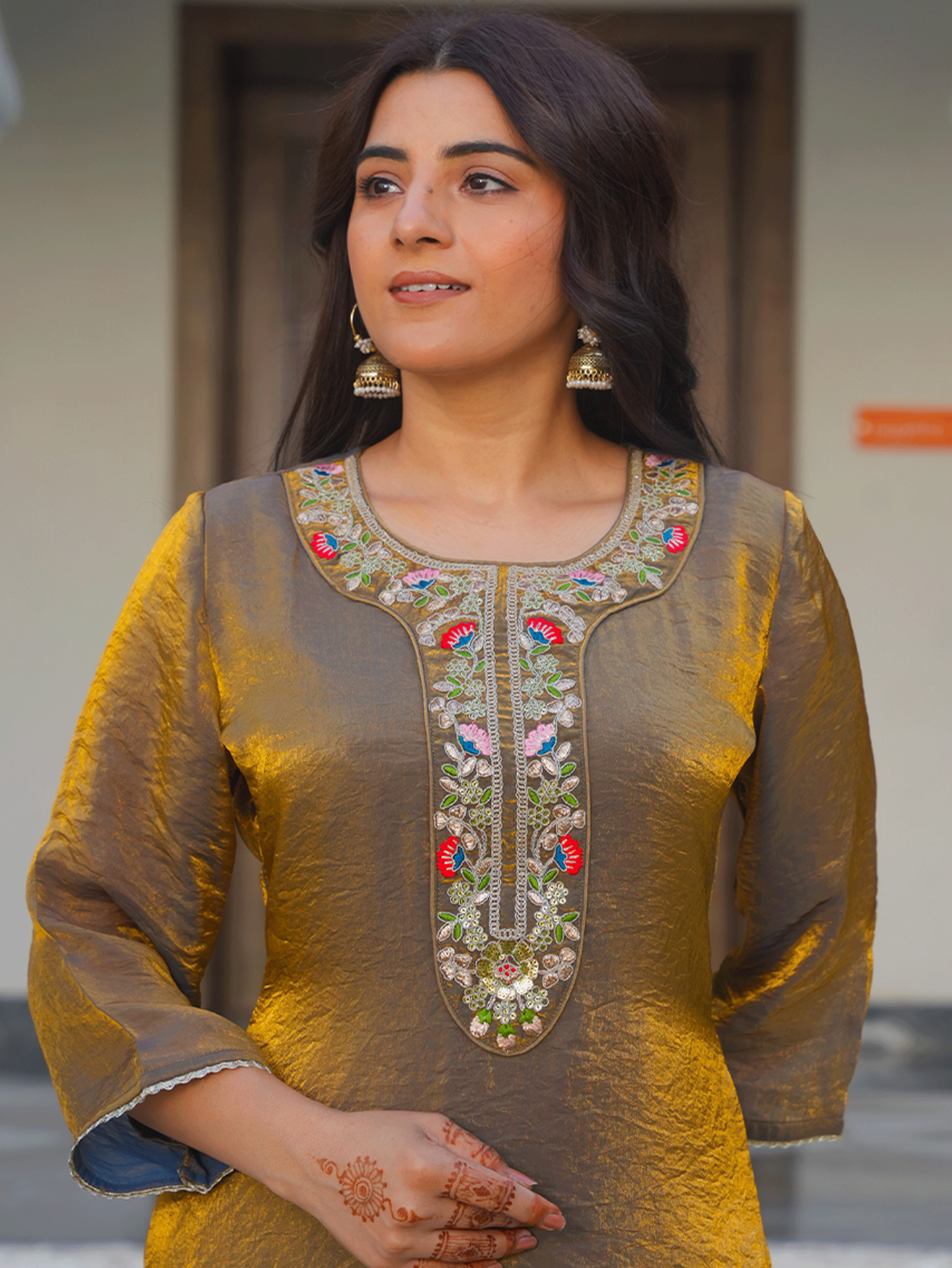 Embroidered Organza Solid Gold Straight Kurta