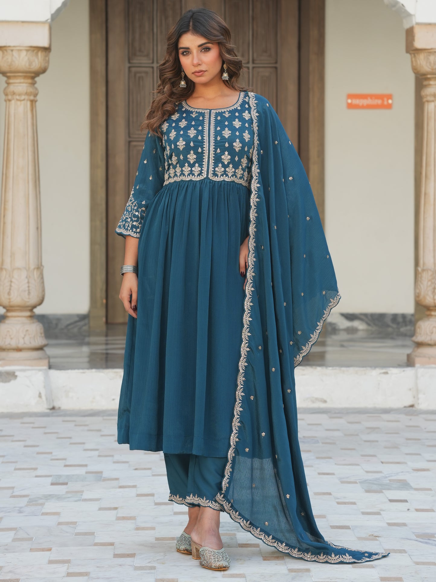 Embroidered Chiffon Solid Teal Dupatta