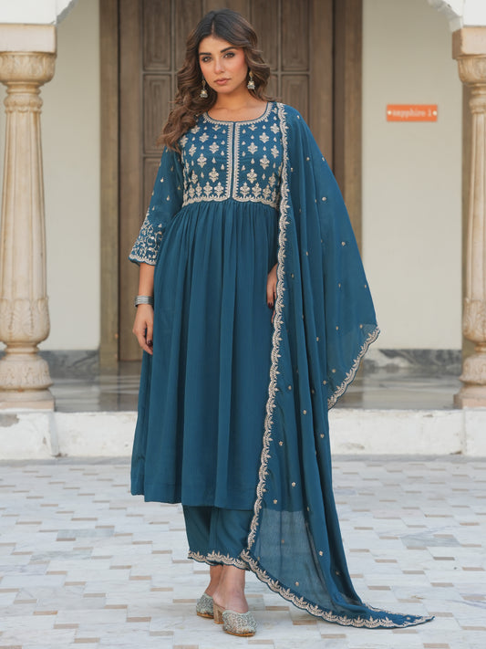 Embroidered Chiffon Solid Teal Dupatta