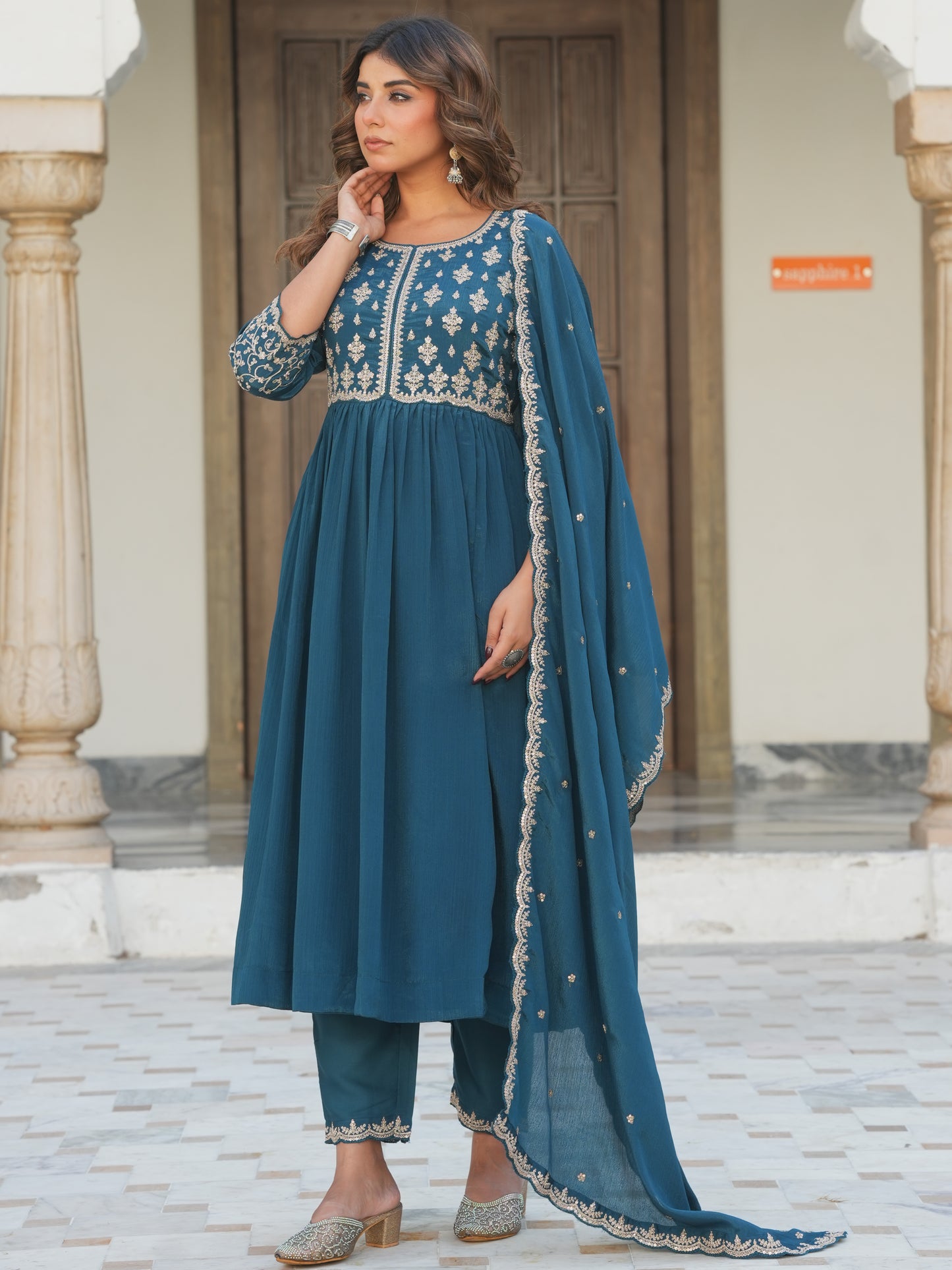 Embroidered Chiffon Solid Teal Dupatta