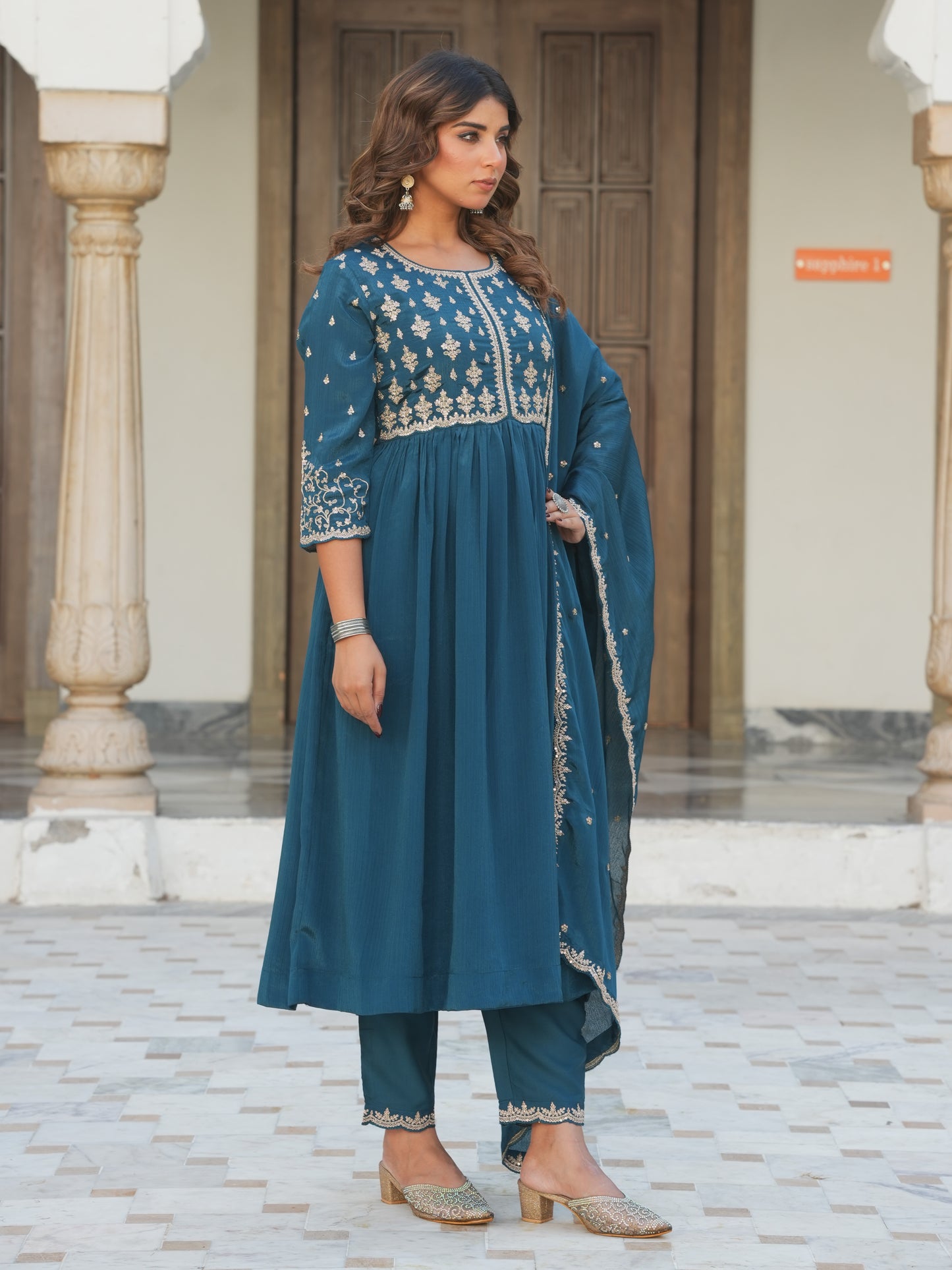 Embroidered Chinon Solid Anarkali Teal Kurta