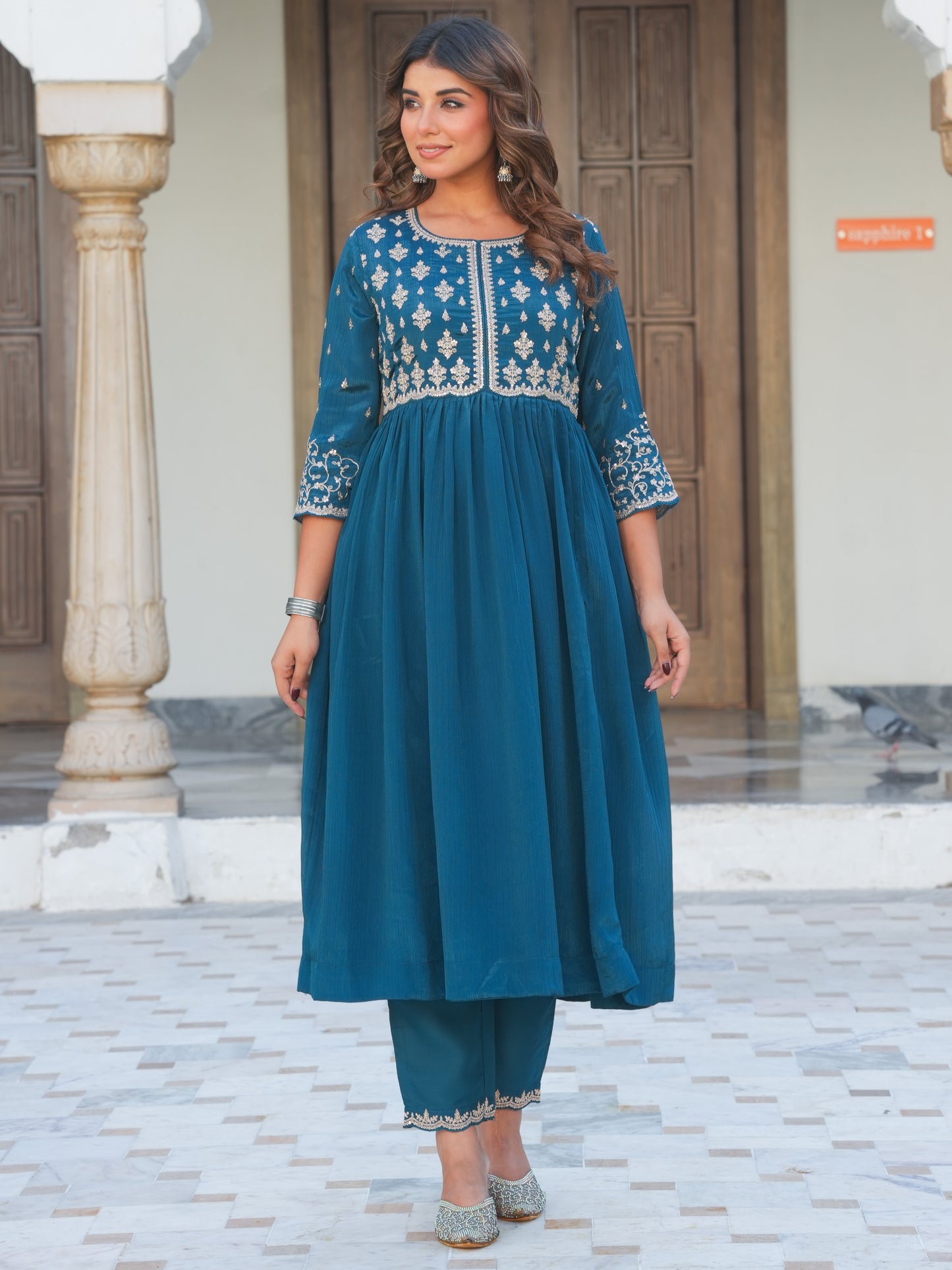 Embroidered Chinon Solid Anarkali Teal Kurta