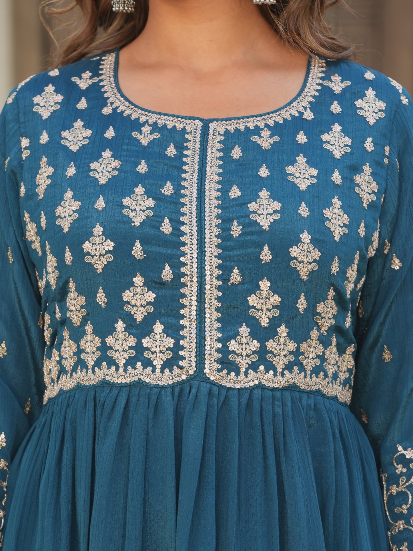 Embroidered Chinon Solid Anarkali Teal Kurta