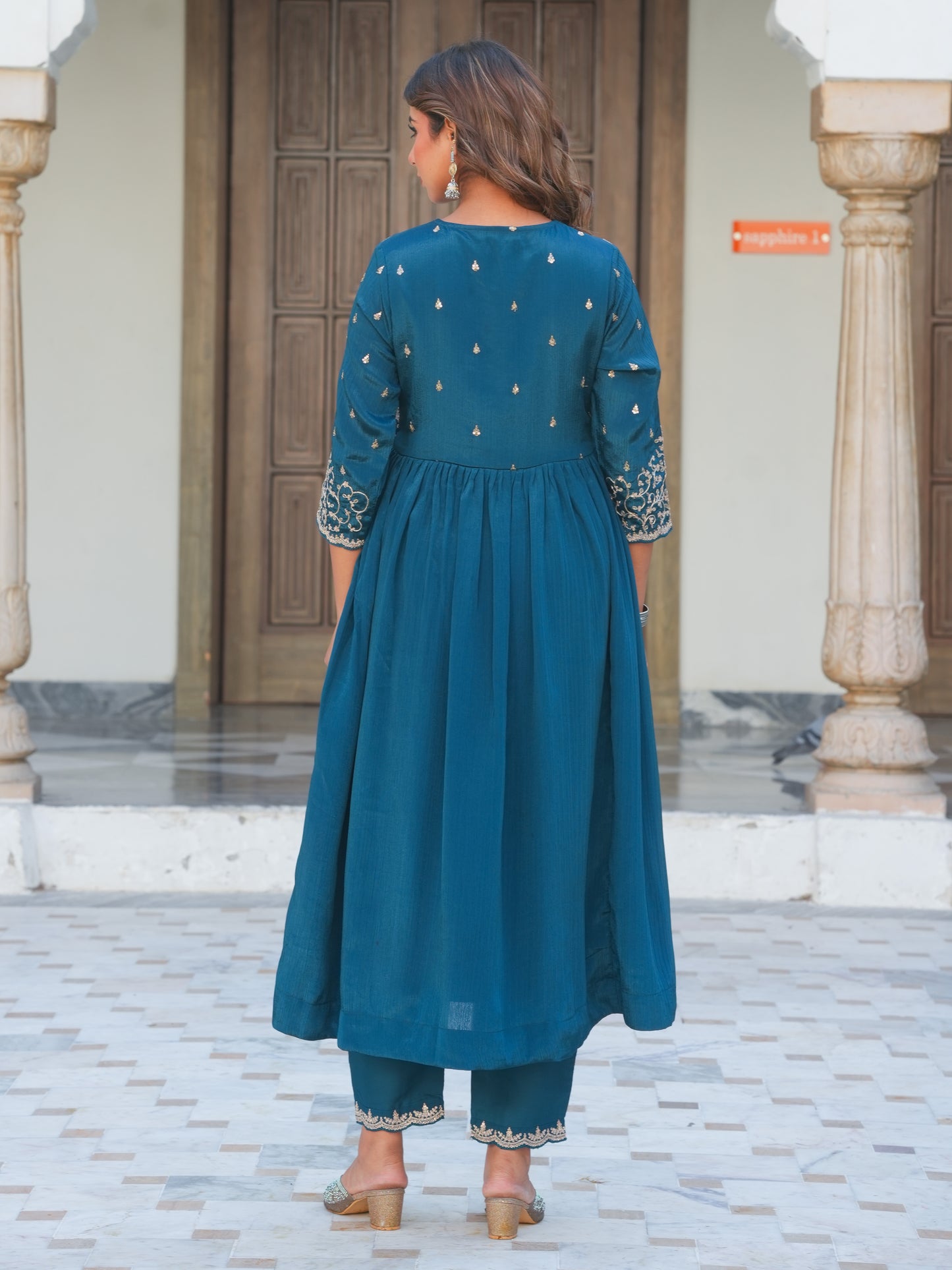 Embroidered Chinon Solid Anarkali Teal Kurta