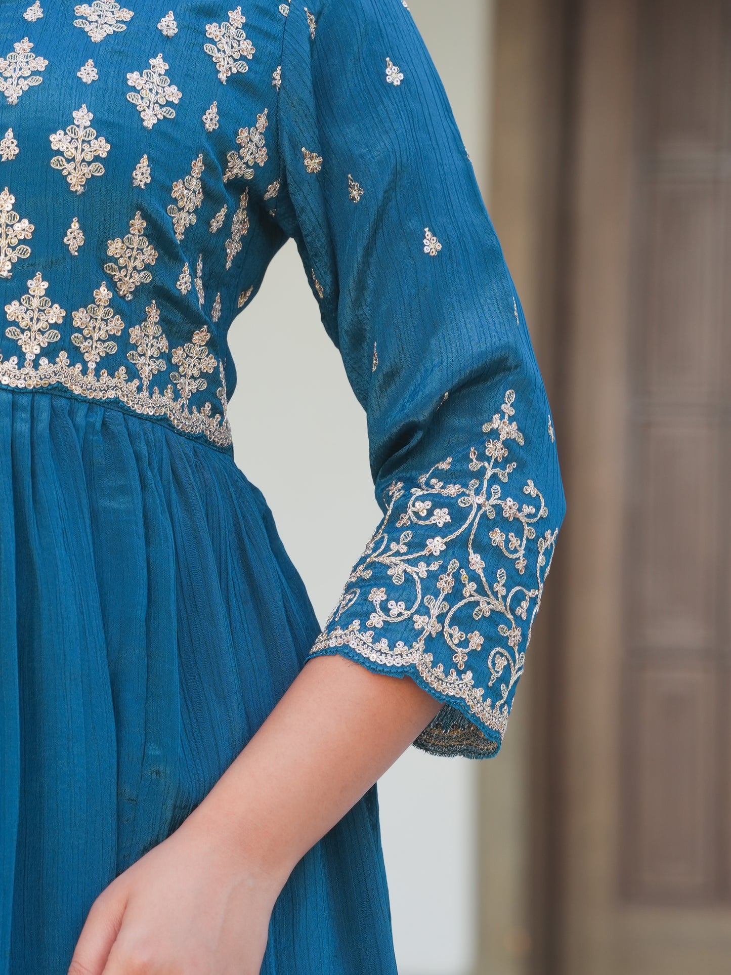 Embroidered Chinon Solid Anarkali Teal Kurta