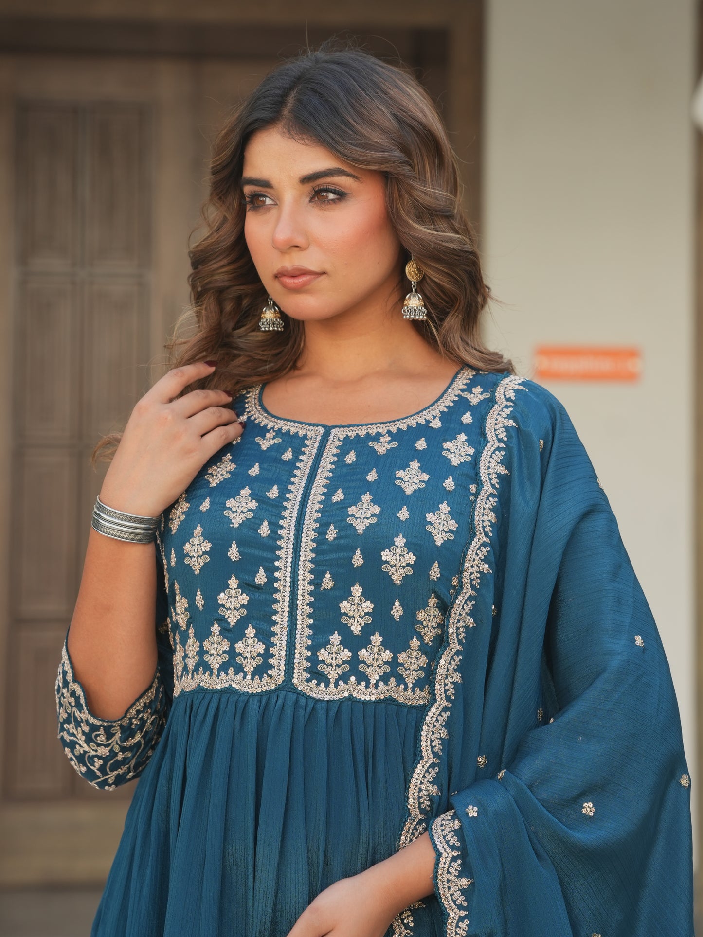 Embroidered Chinon Solid Anarkali Teal Kurta