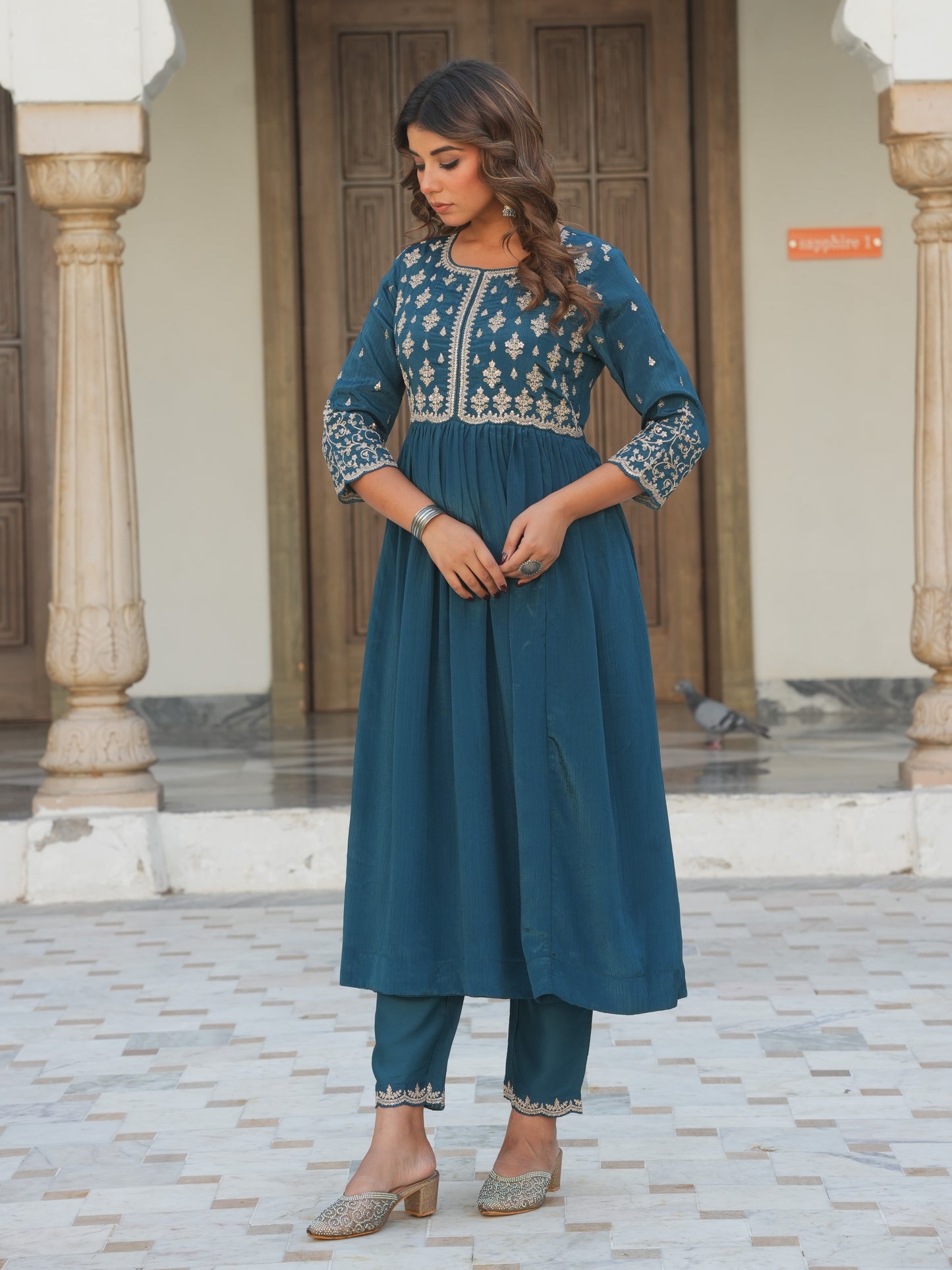 Embroidered Chinon Solid Anarkali Teal Kurta