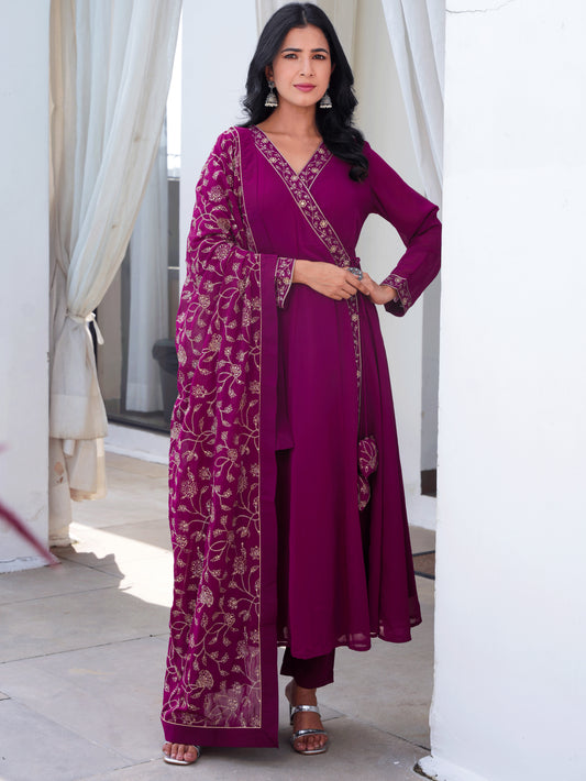 Embroidered Solid Wine Dupatta