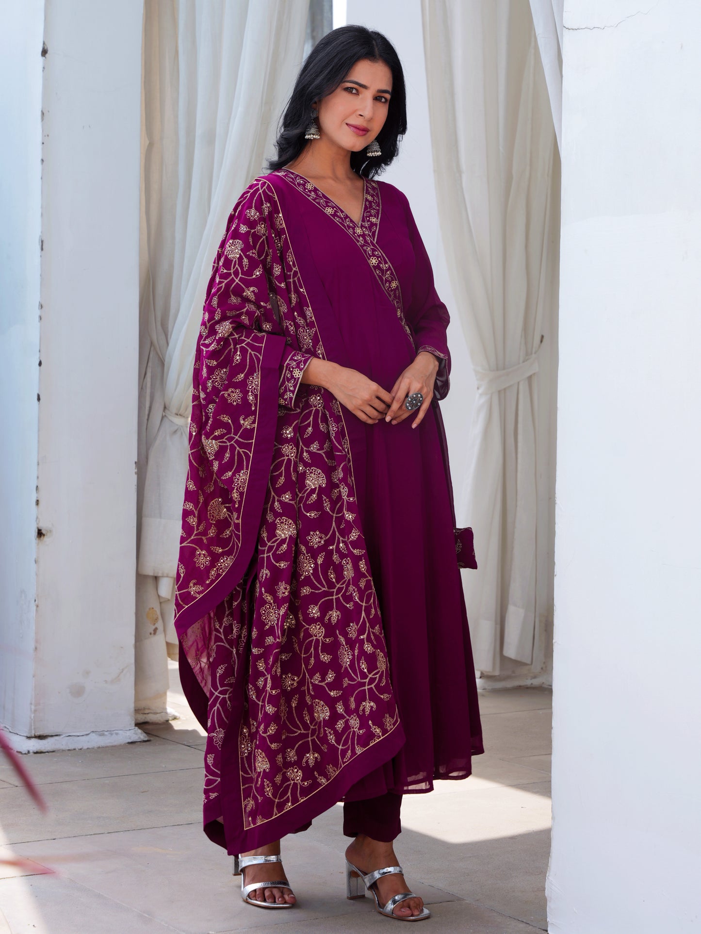 Embroidered Solid Wine Dupatta