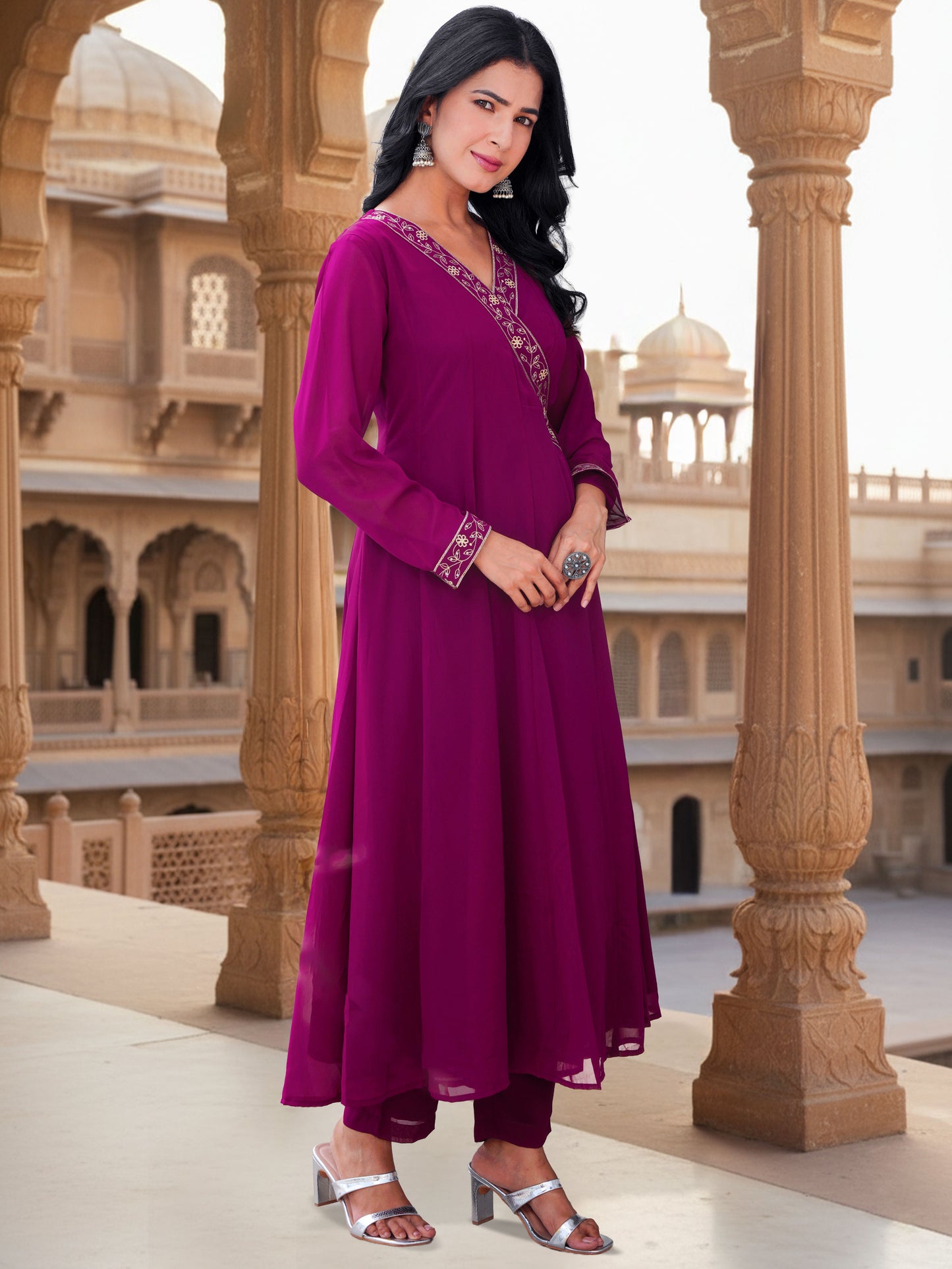 Embroidered Georgette Solid Wine Straight Kurta