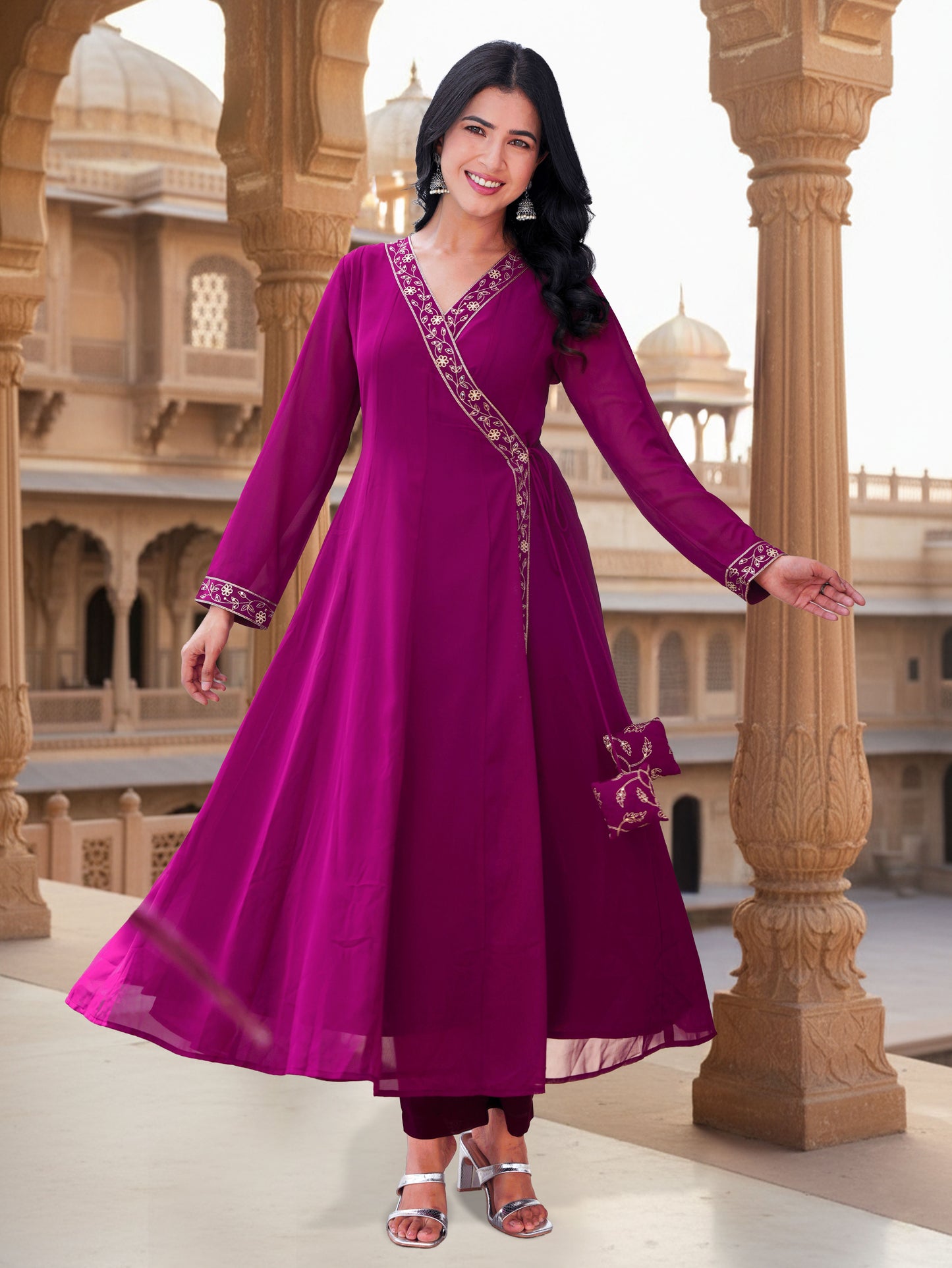 Embroidered Georgette Solid Wine Straight Kurta