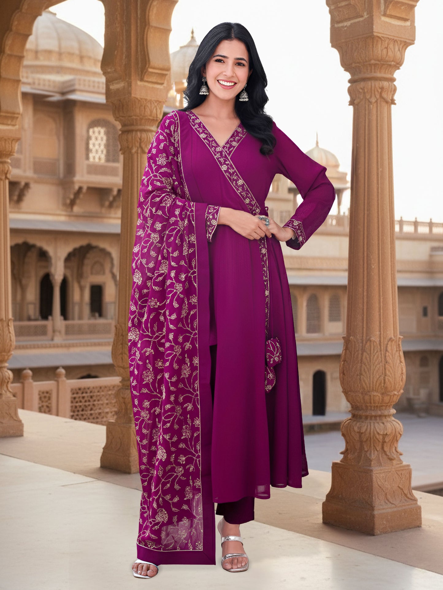 Embroidered Georgette Solid Wine Straight Kurta