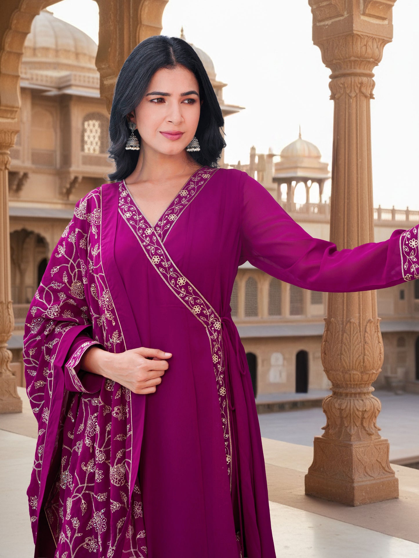 Embroidered Georgette Solid Wine Straight Kurta