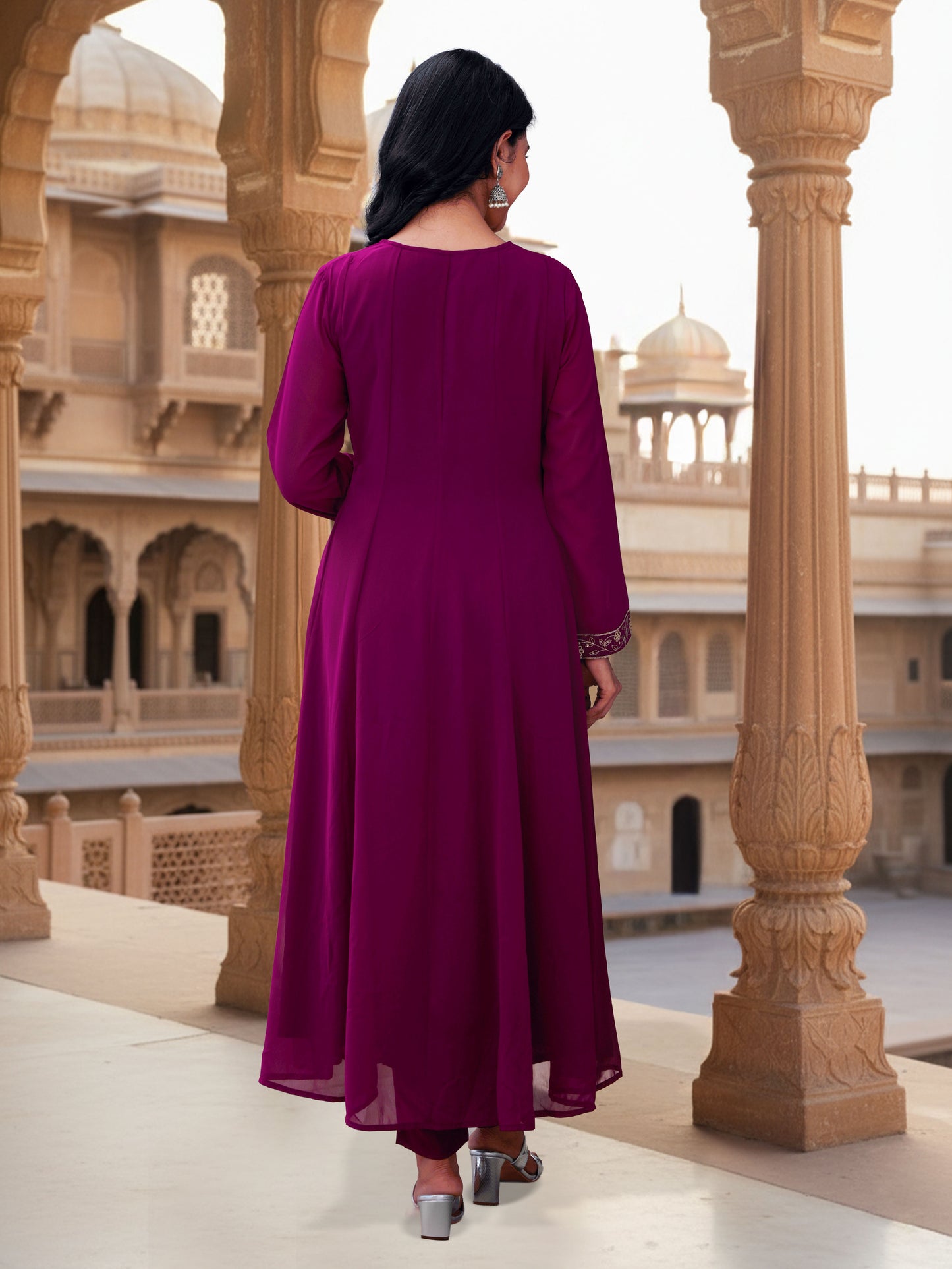 Embroidered Georgette Solid Wine Straight Kurta