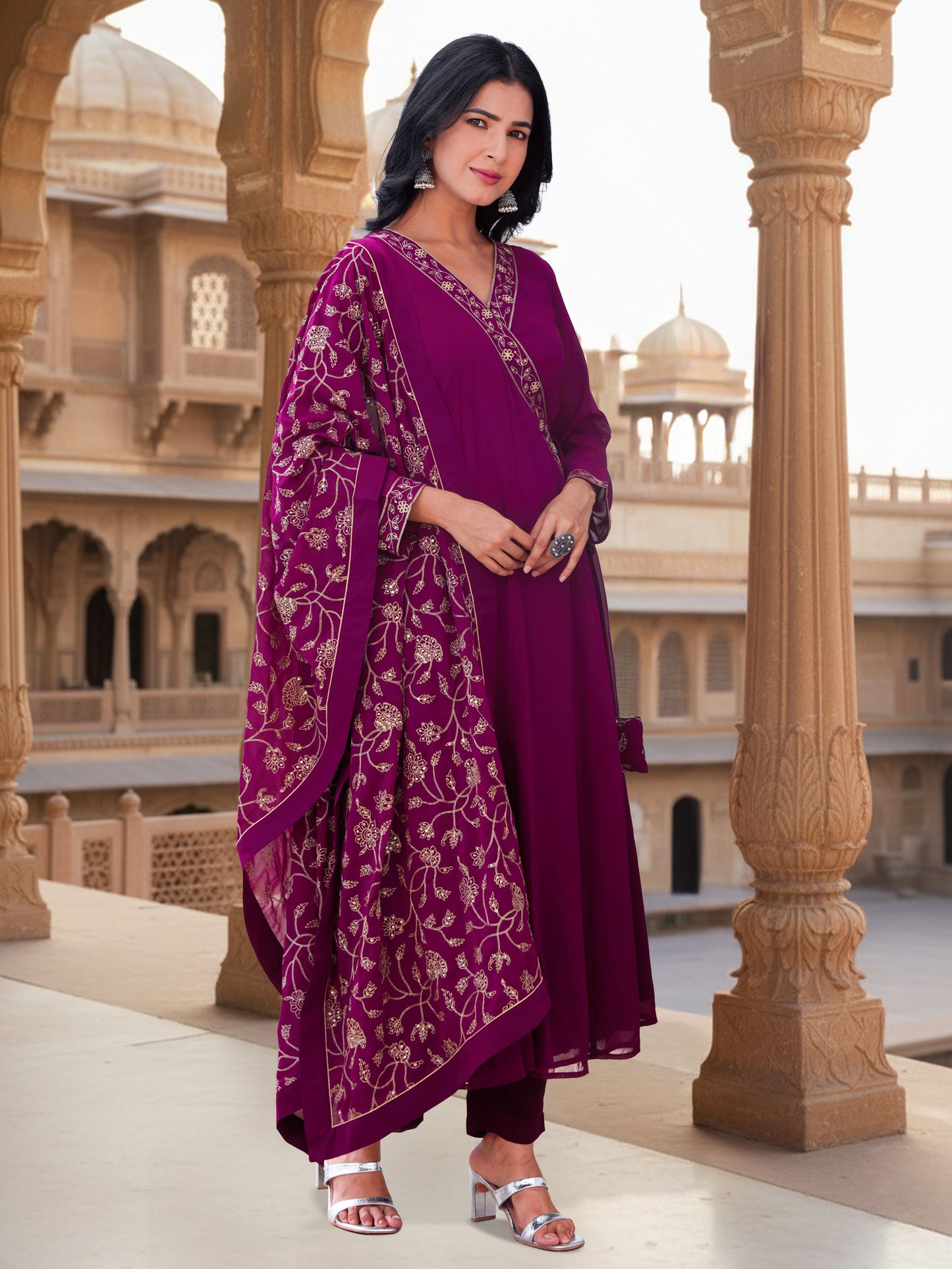 Embroidered Georgette Solid Wine Straight Kurta
