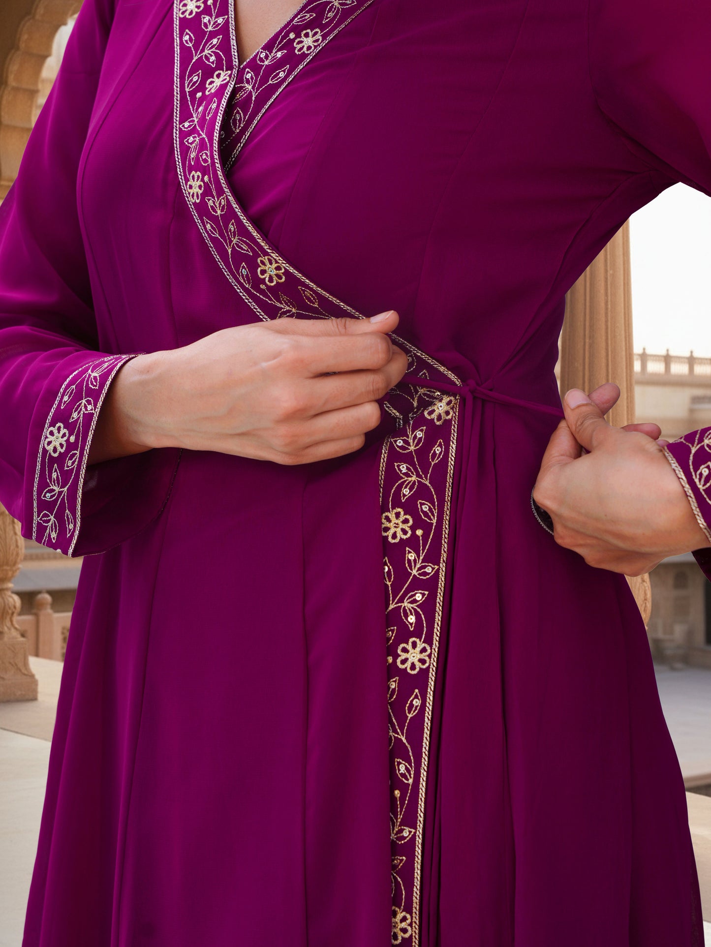 Embroidered Georgette Solid Wine Straight Kurta
