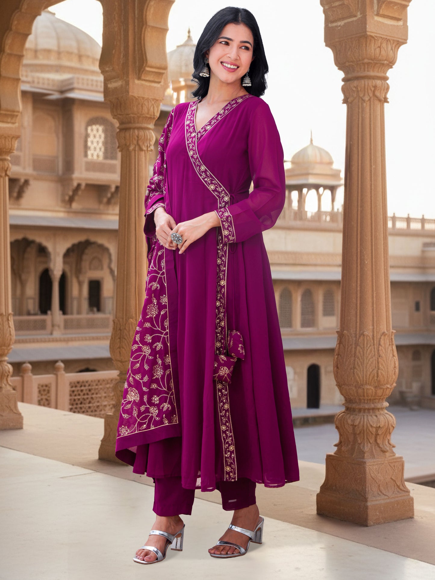Embroidered Georgette Solid Wine Straight Kurta