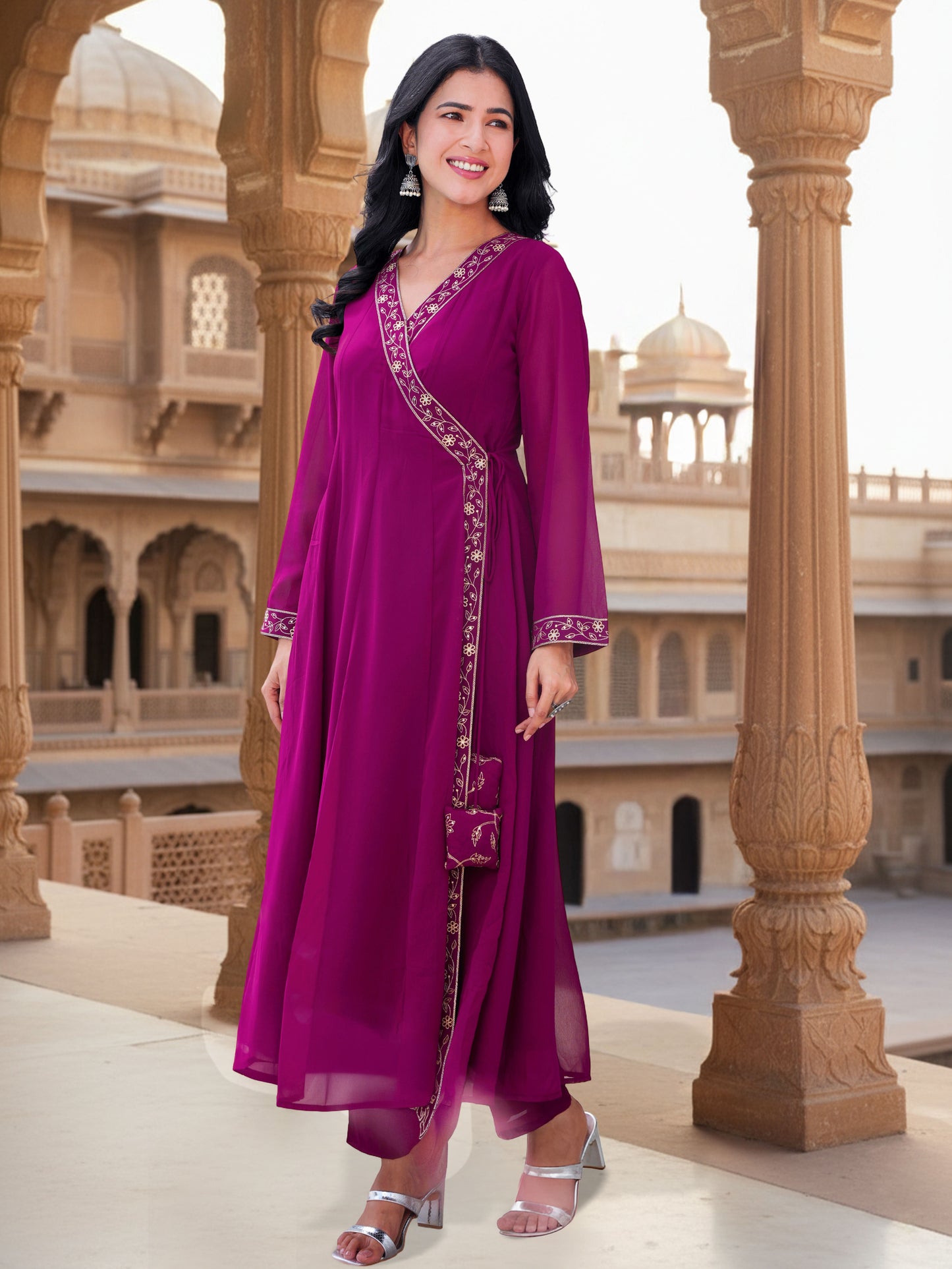 Embroidered Georgette Solid Wine Straight Kurta