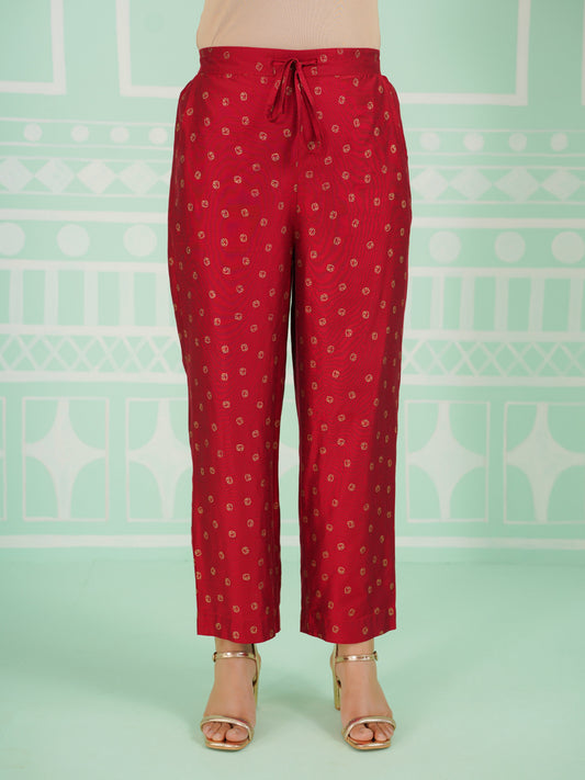 Chanderi Gold foil Red Straight Trousers
