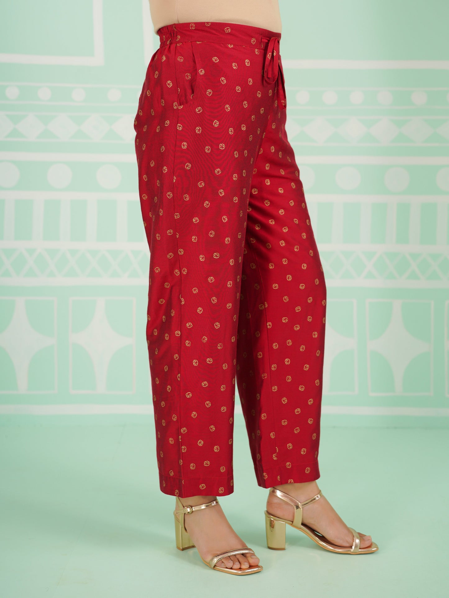 Chanderi Gold foil Red Straight Trousers