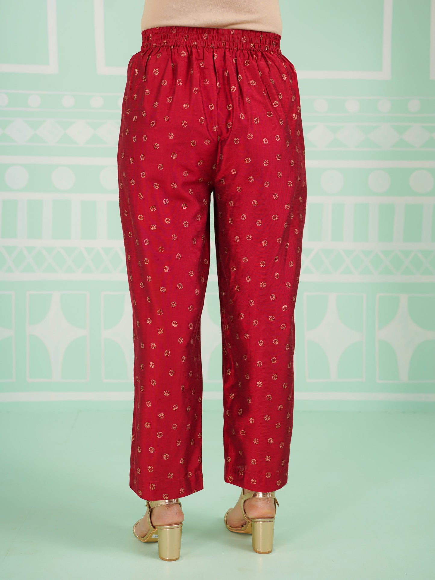 Chanderi Gold foil Red Straight Trousers
