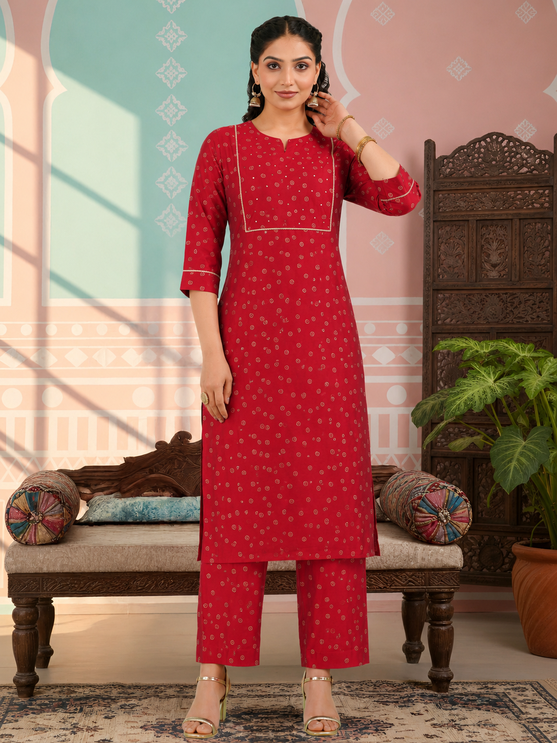 Chanderi Gold foil Straight Red Kurta