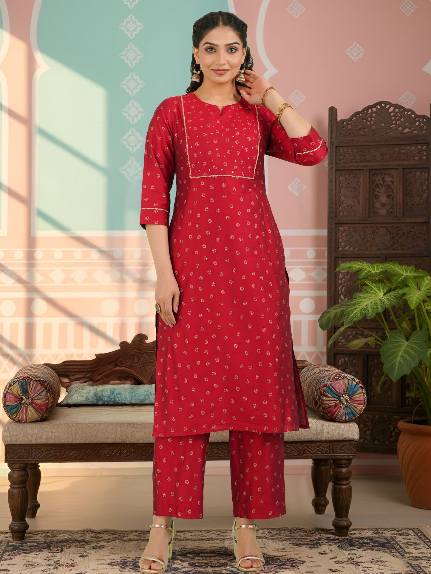 Chanderi Gold foil Straight Red Kurta