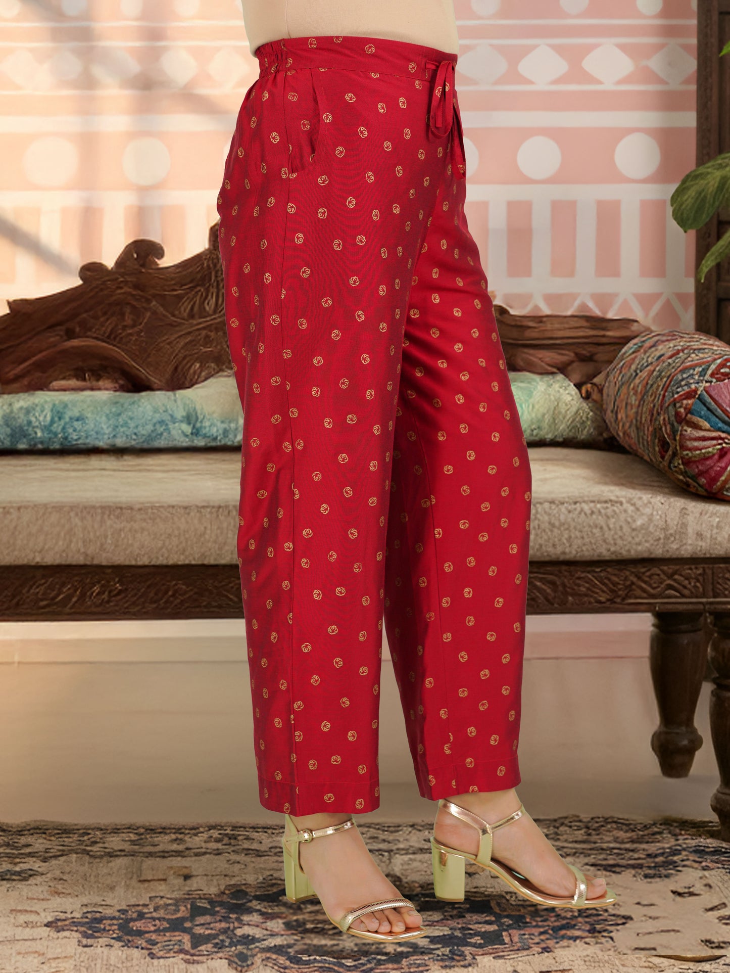 Chanderi Gold foil Straight Red Kurta