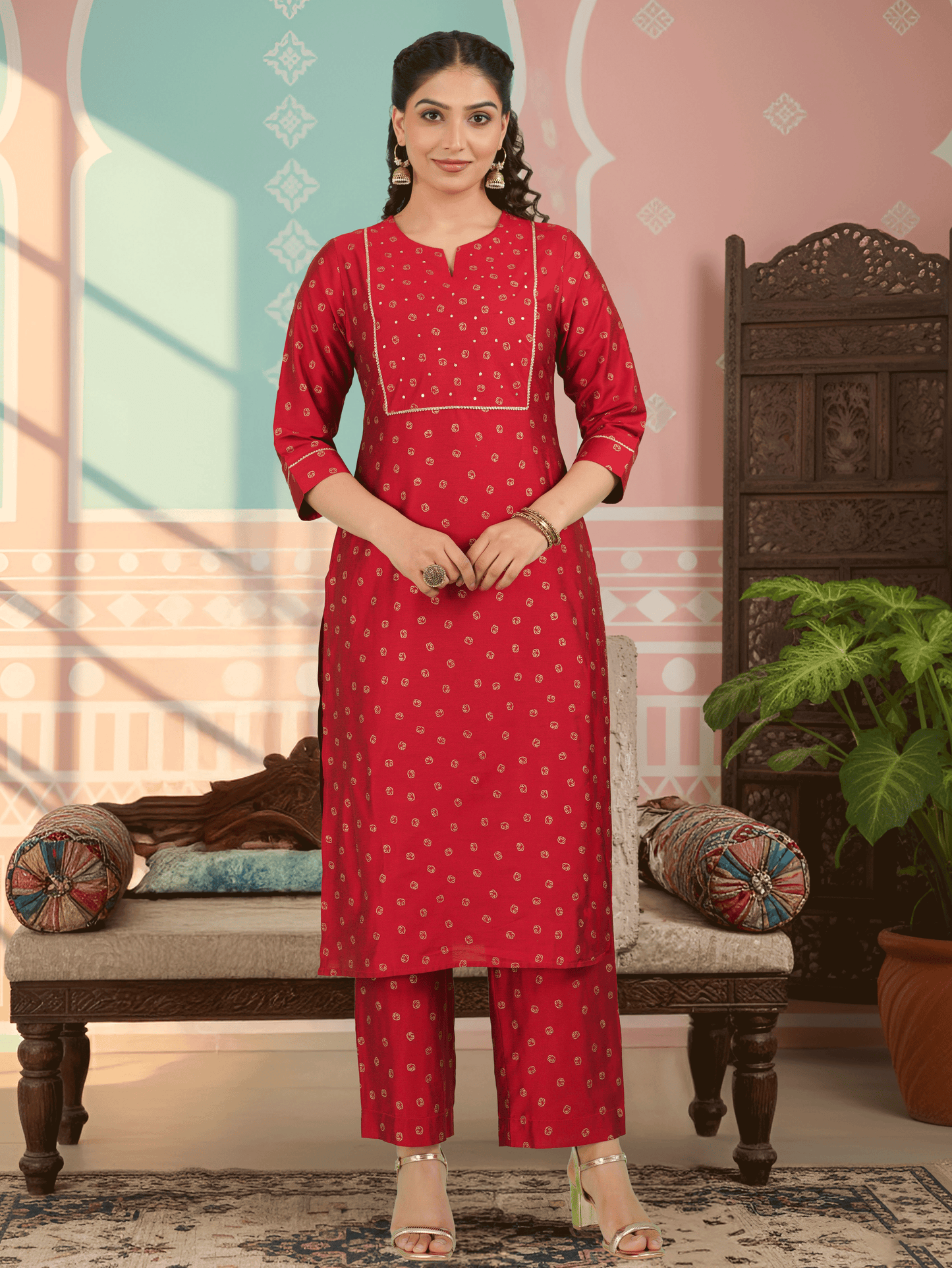 Chanderi Gold foil Straight Red Kurta
