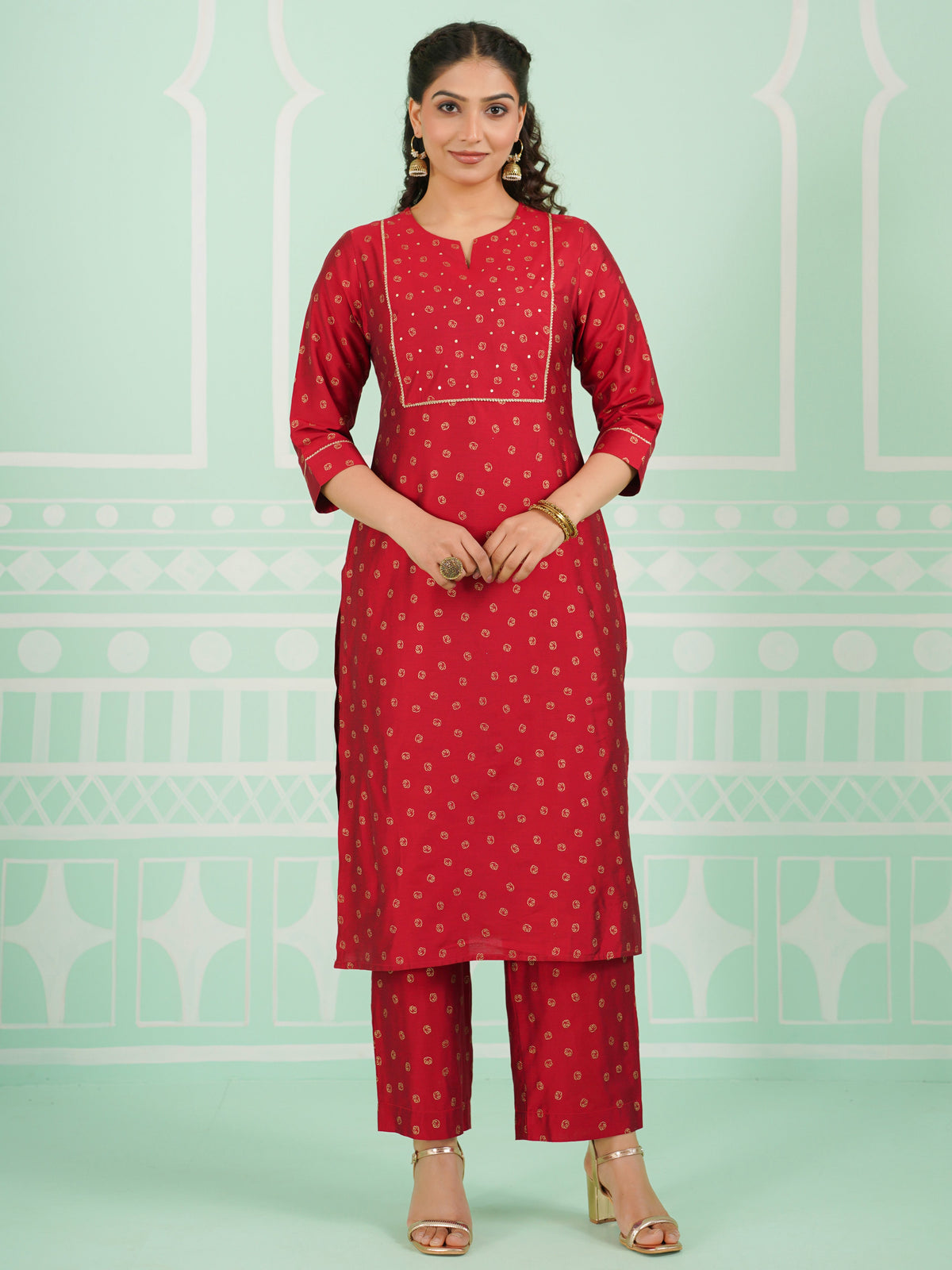 Chanderi Gold foil Straight Red Kurta