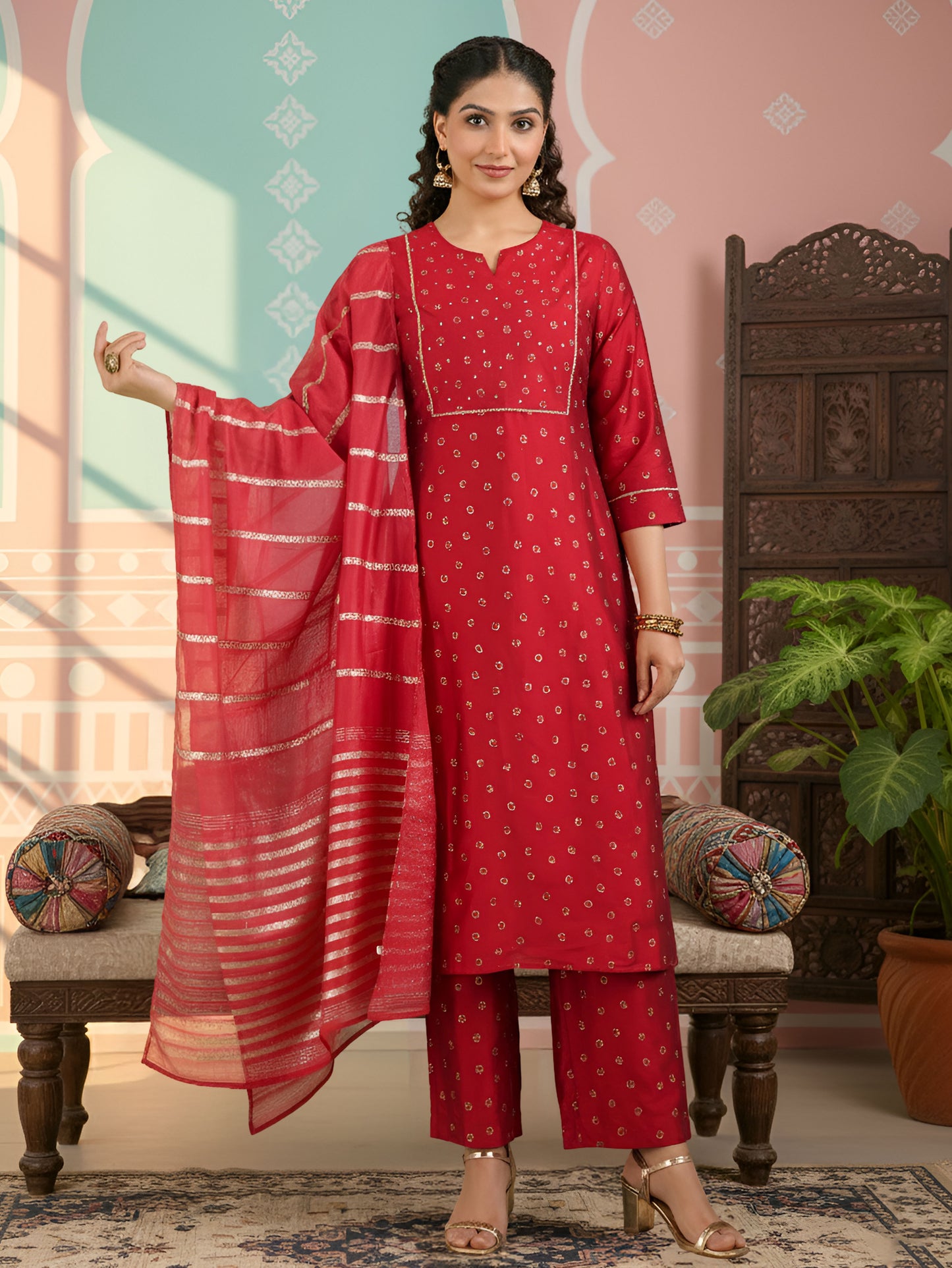 Chanderi Gold foil Straight Red Kurta