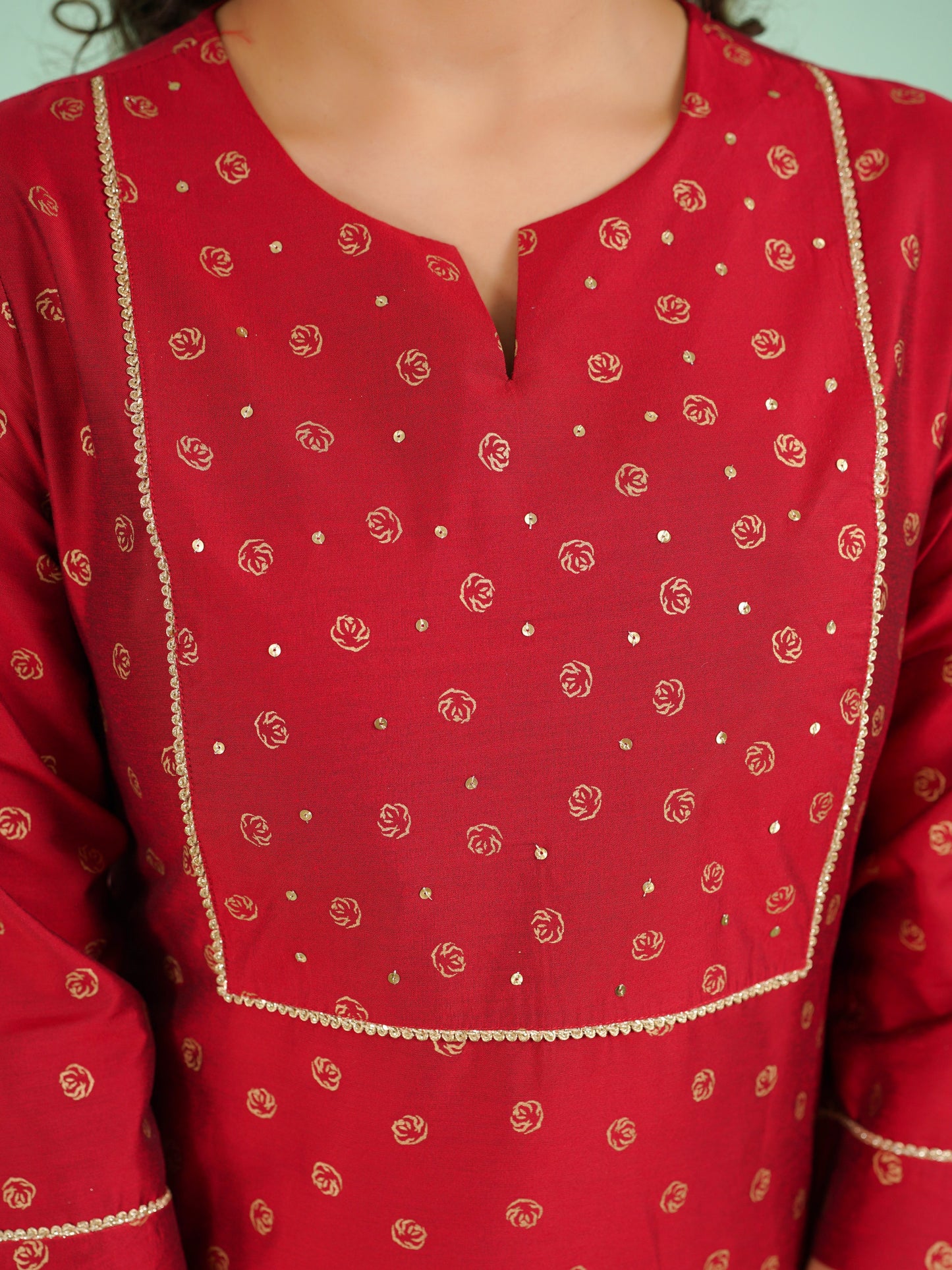 Chanderi Gold foil Straight Red Kurta
