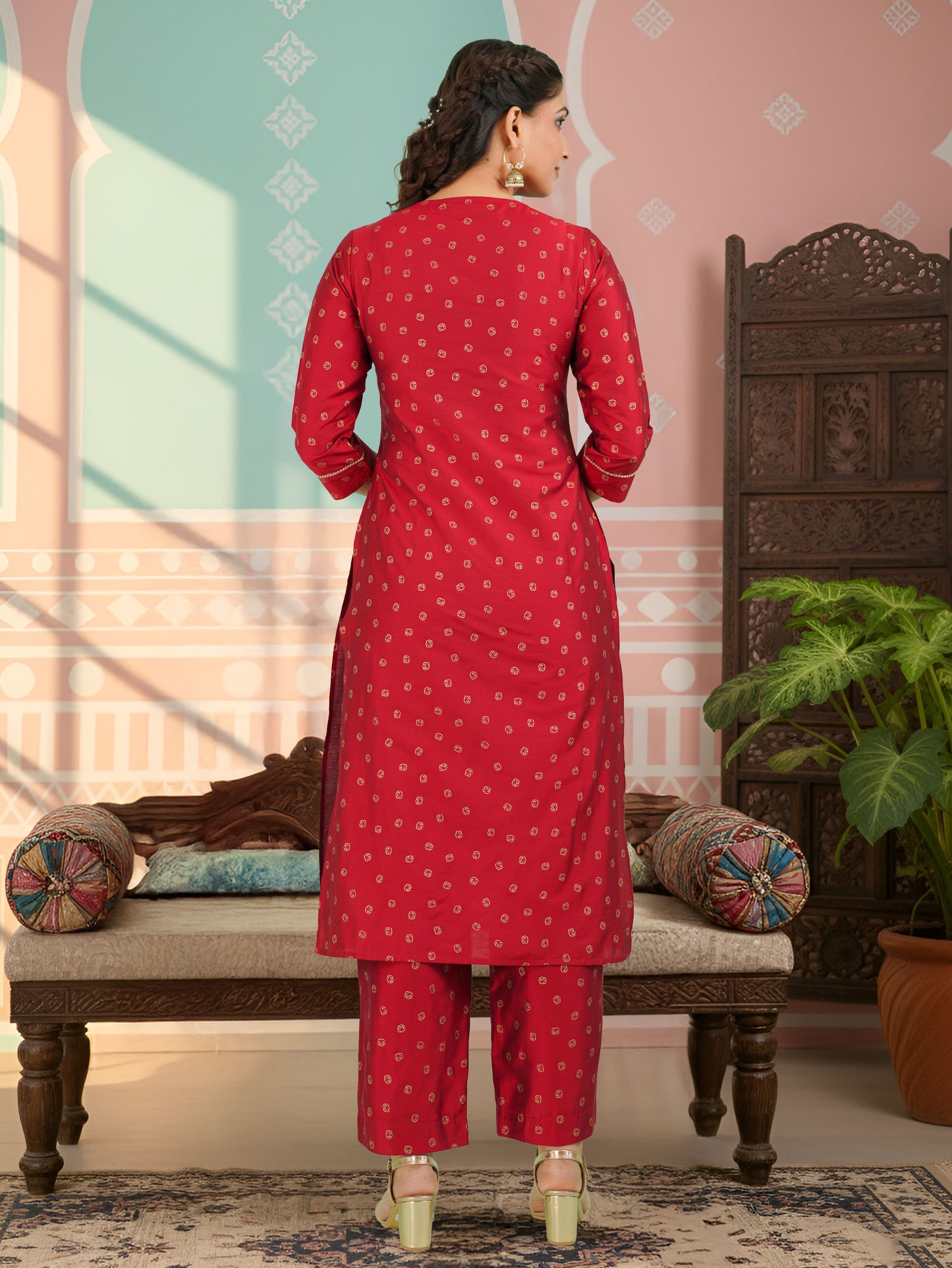 Chanderi Gold foil Straight Red Kurta