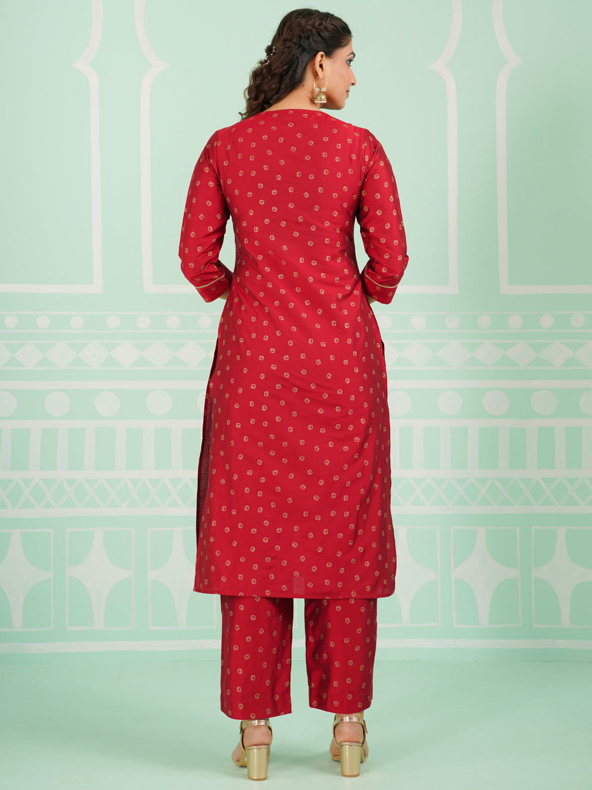 Chanderi Gold foil Straight Red Kurta