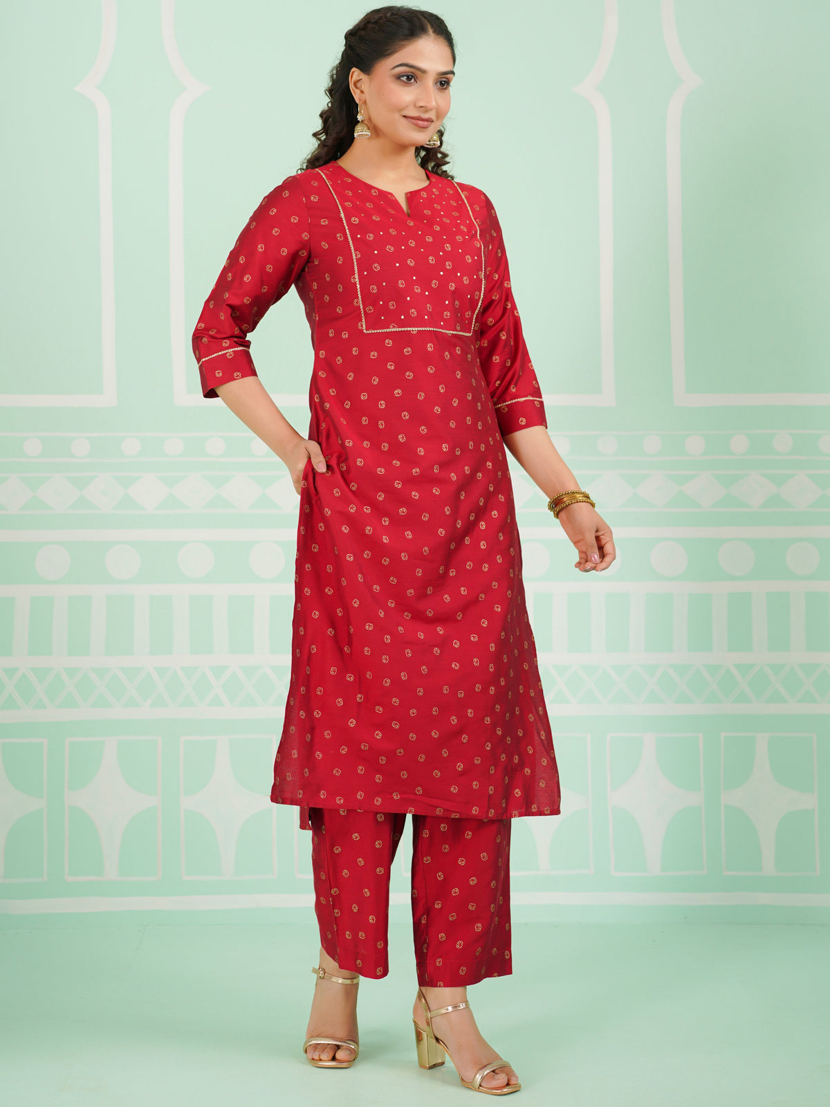 Chanderi Gold foil Straight Red Kurta