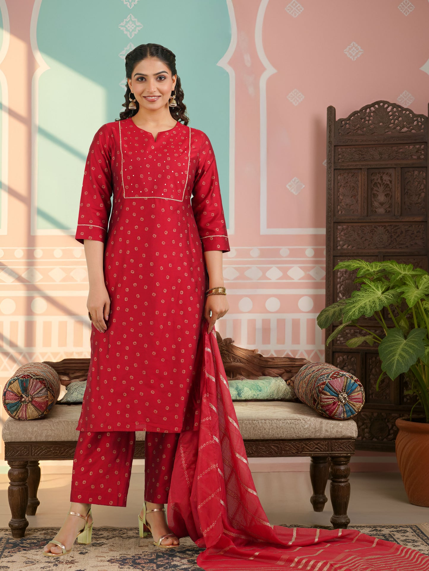 Chanderi Gold foil Straight Red Kurta