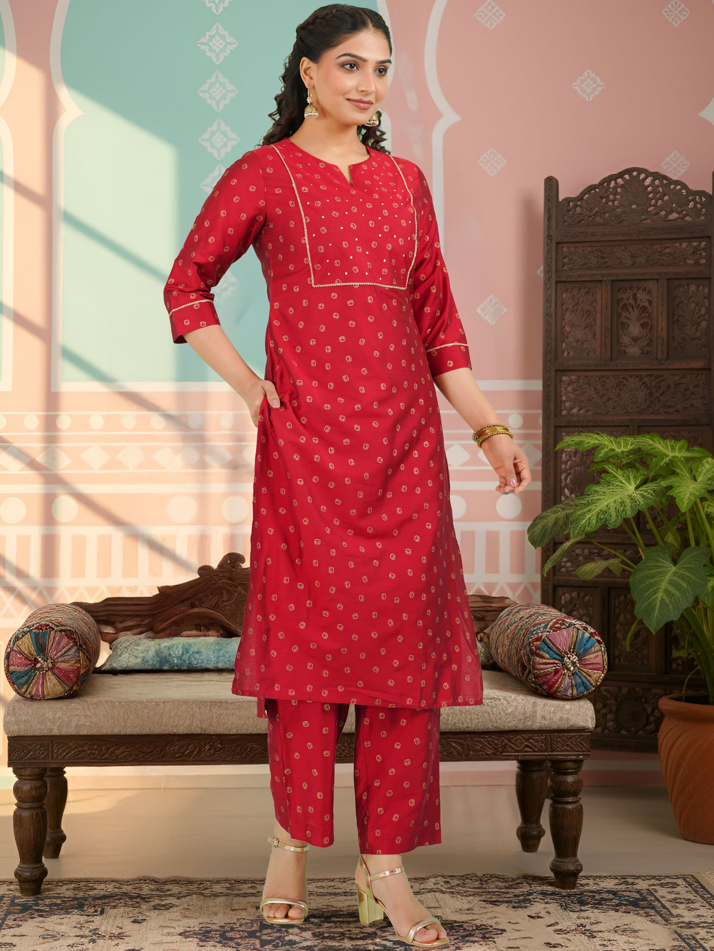 Chanderi Gold foil Straight Red Kurta