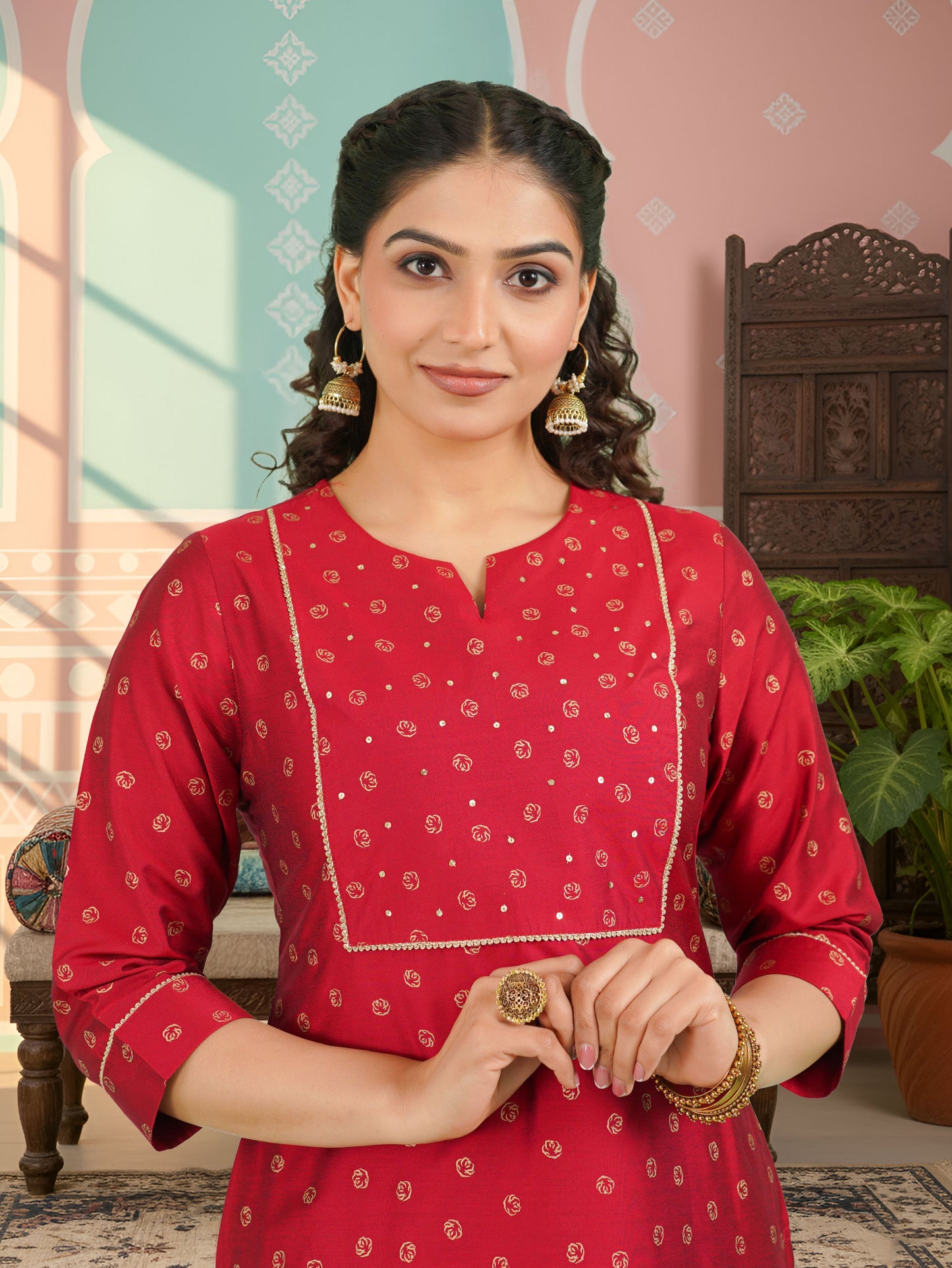 Chanderi Gold foil Straight Red Kurta