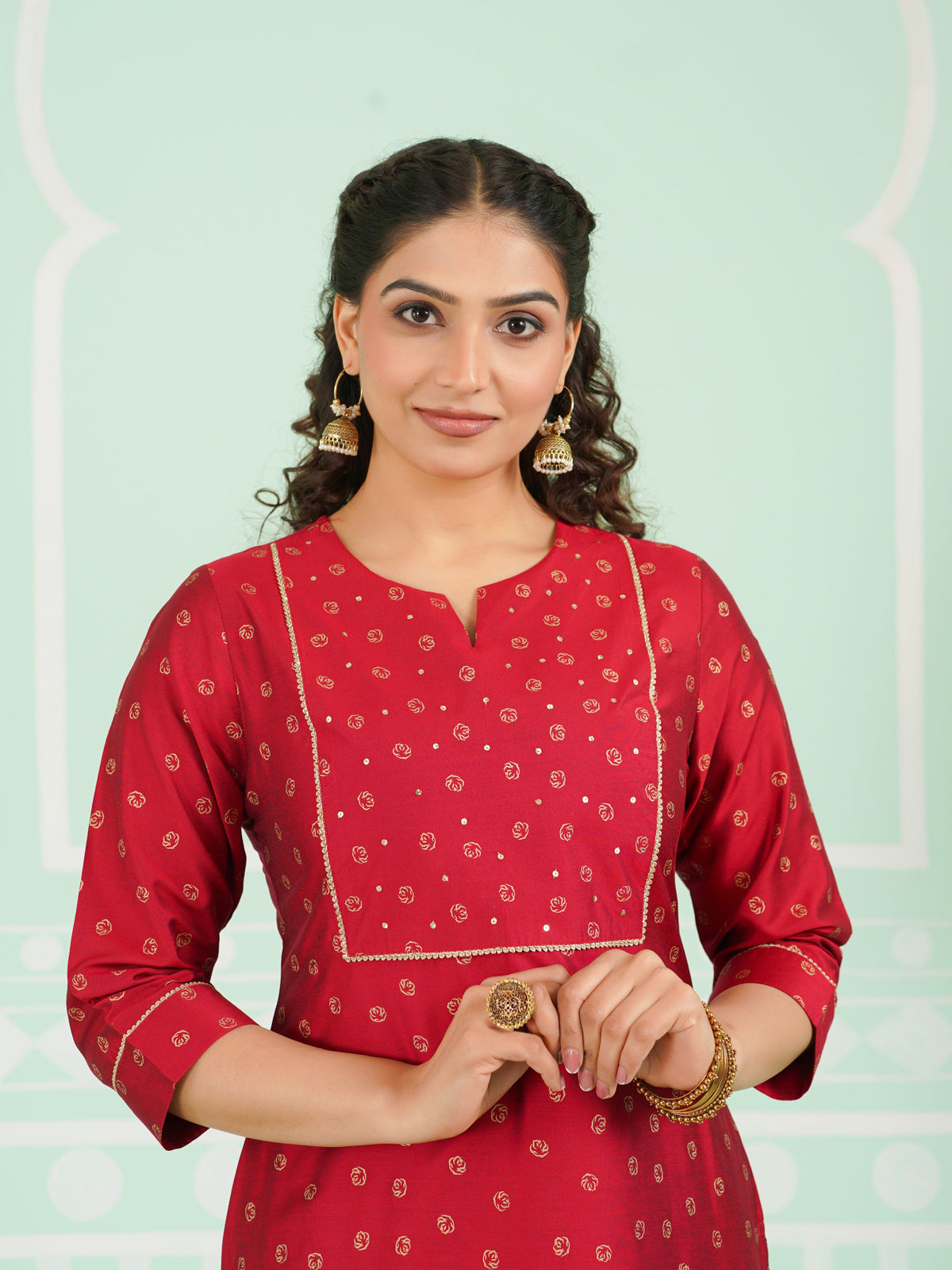 Chanderi Gold foil Straight Red Kurta