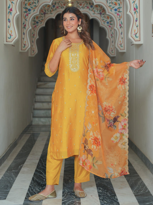Organza Floral Mustard Dupatta