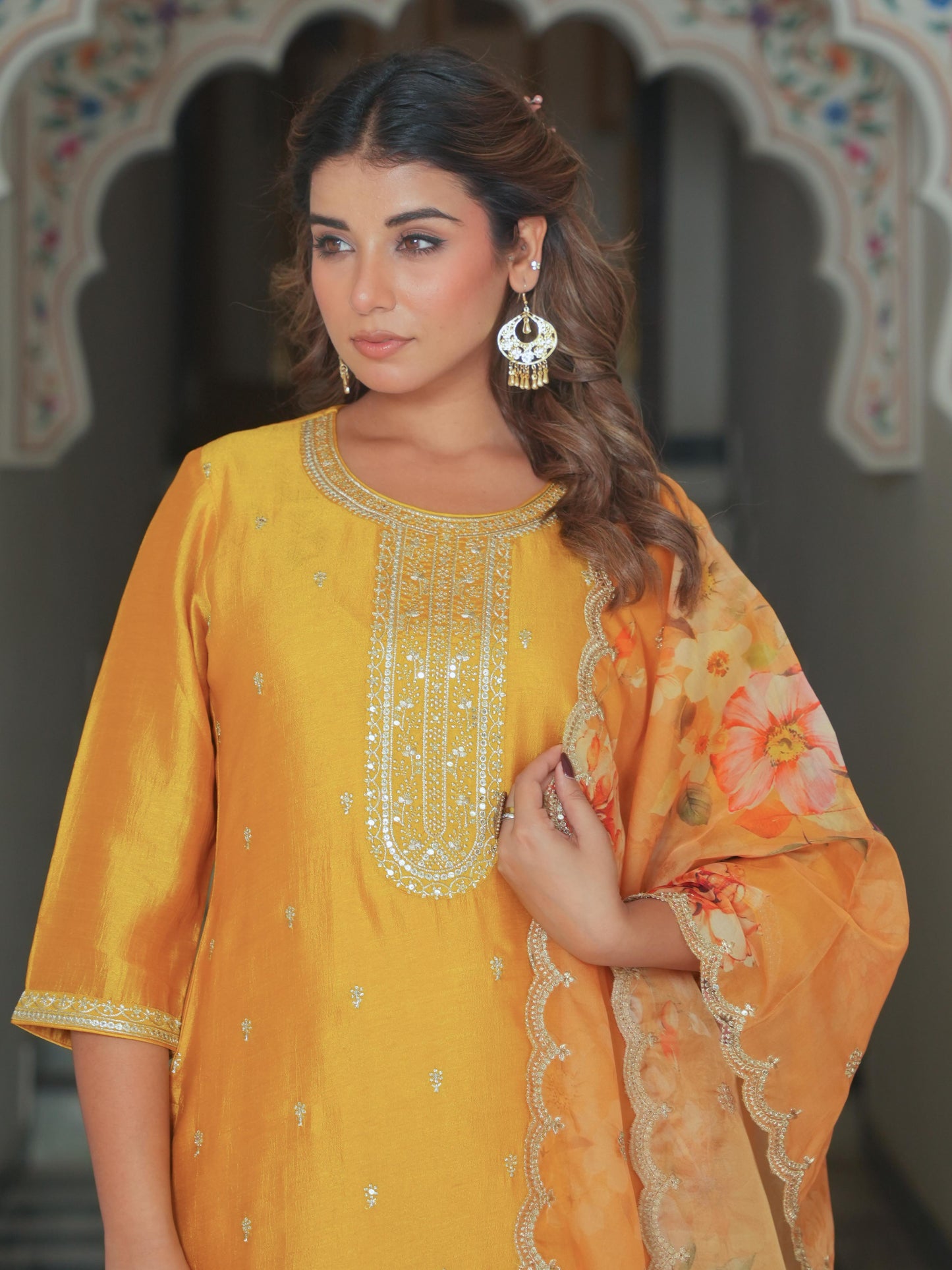 Organza Floral Mustard Dupatta