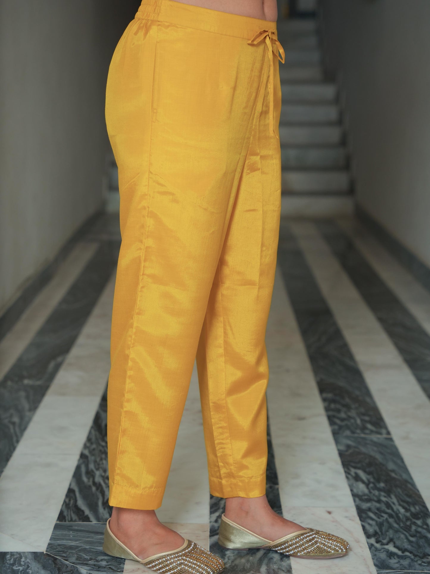 Embroidered Blended Silk Solid Straight Mustard Kurta