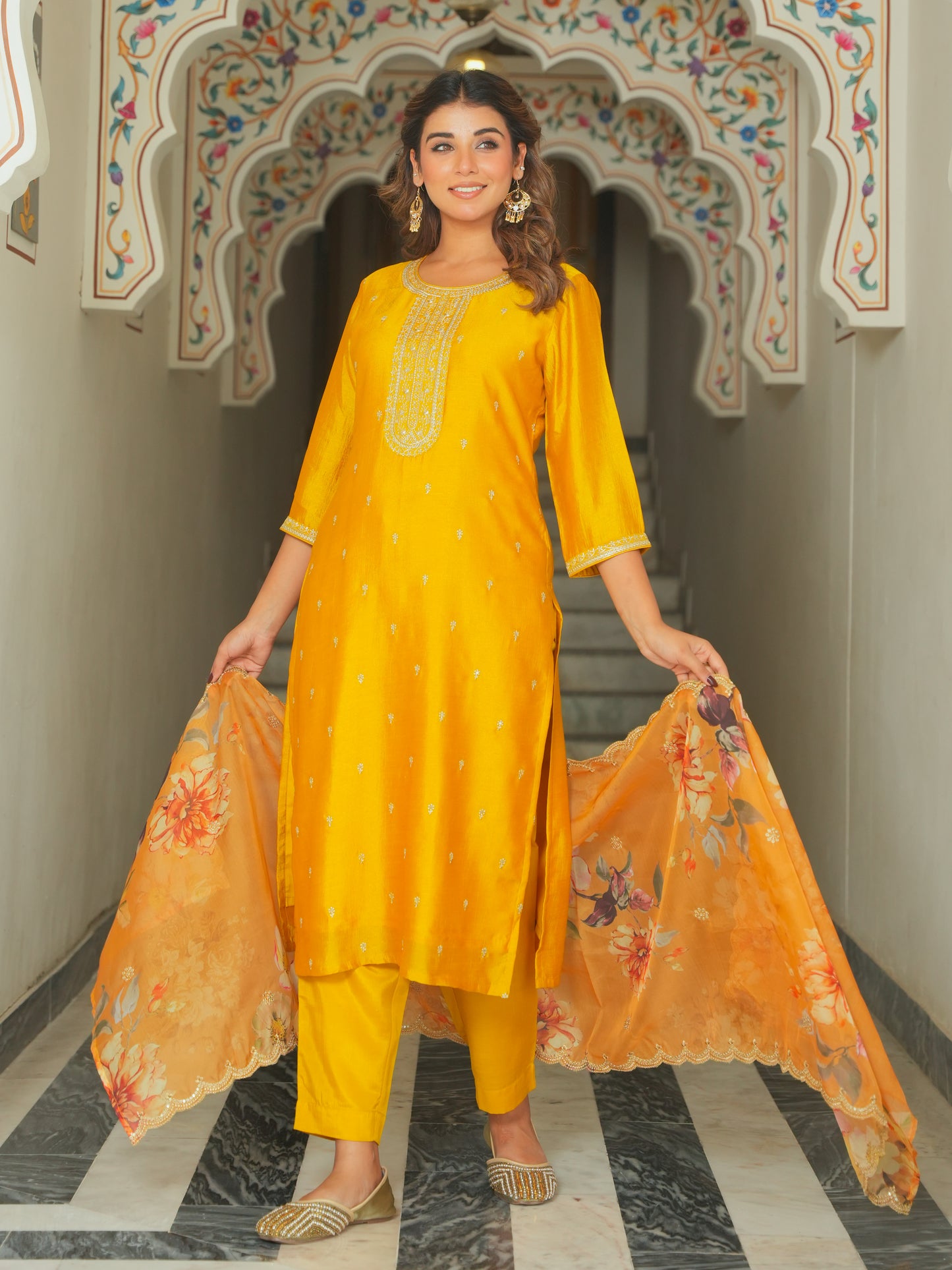 Embroidered Poly Silk Solid Mustard Kurta