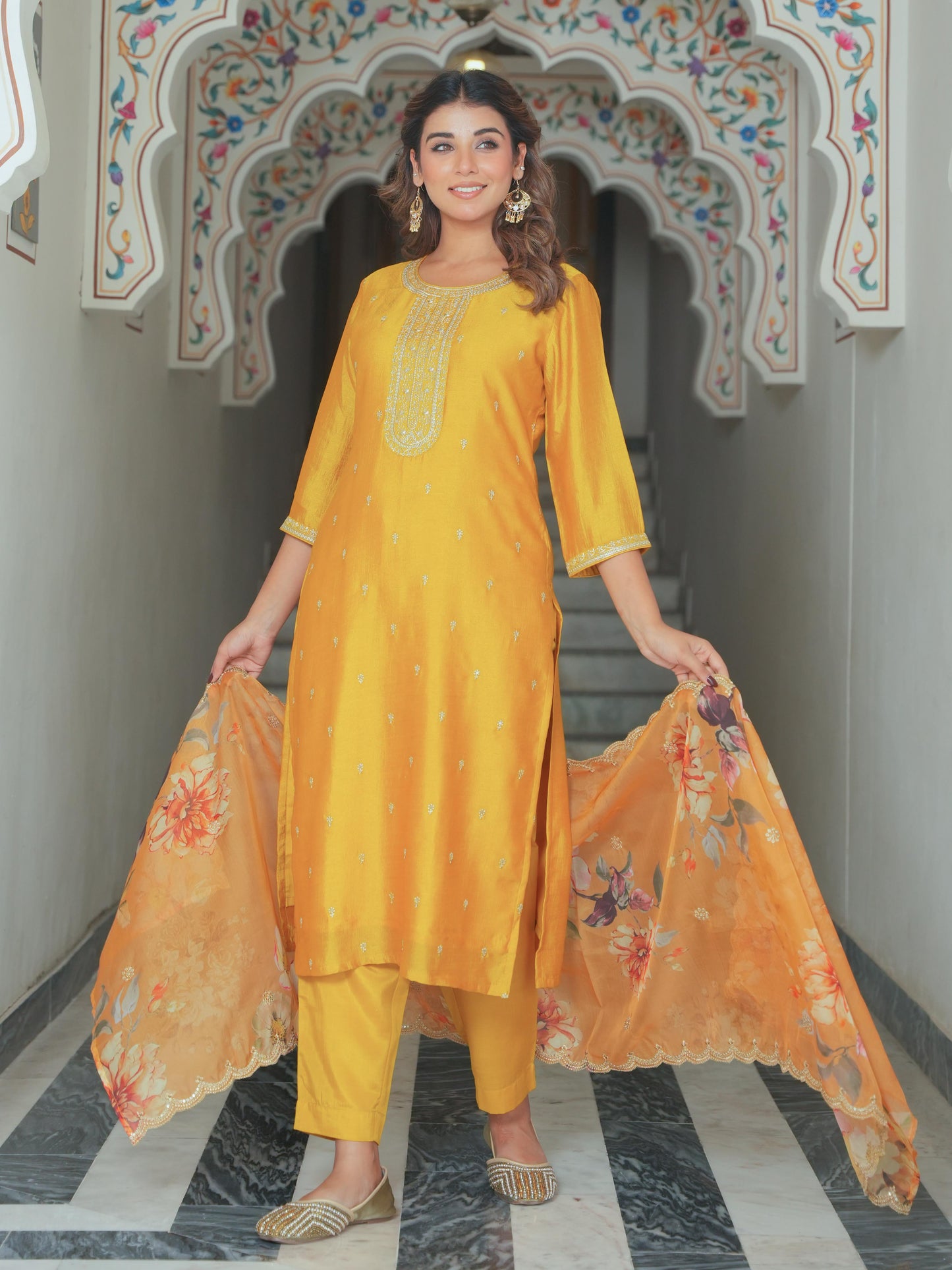 Embroidered Blended Silk Solid Straight Mustard Kurta