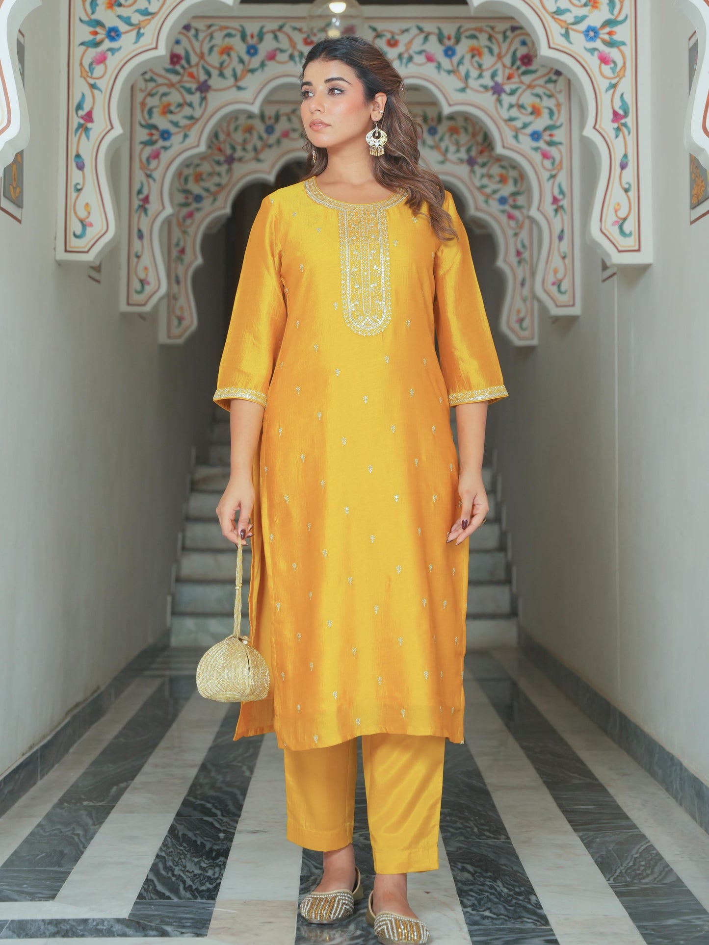 Embroidered Blended Silk Solid Straight Mustard Kurta